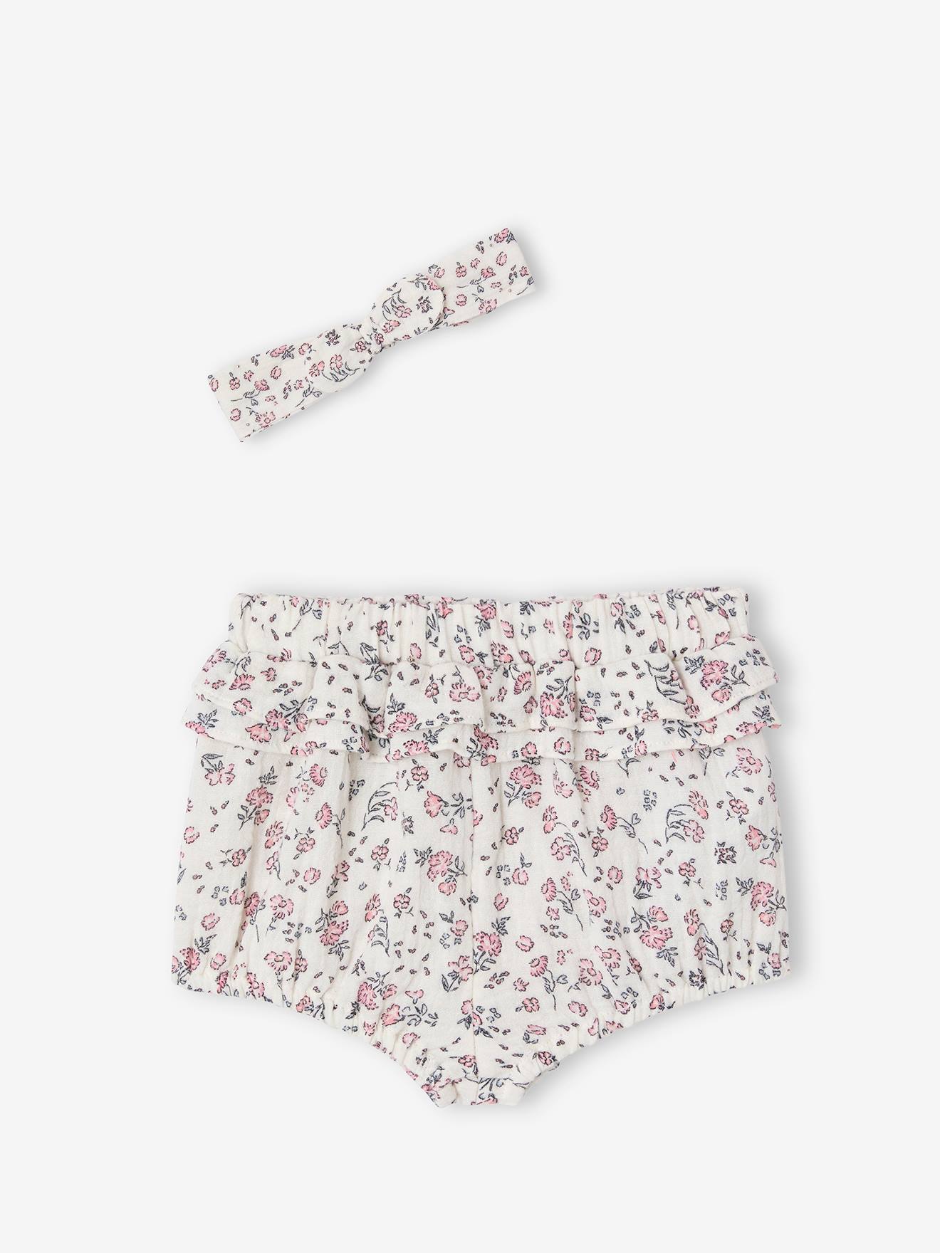 Ensemble naissance bloomer et bandeau fleuris écru