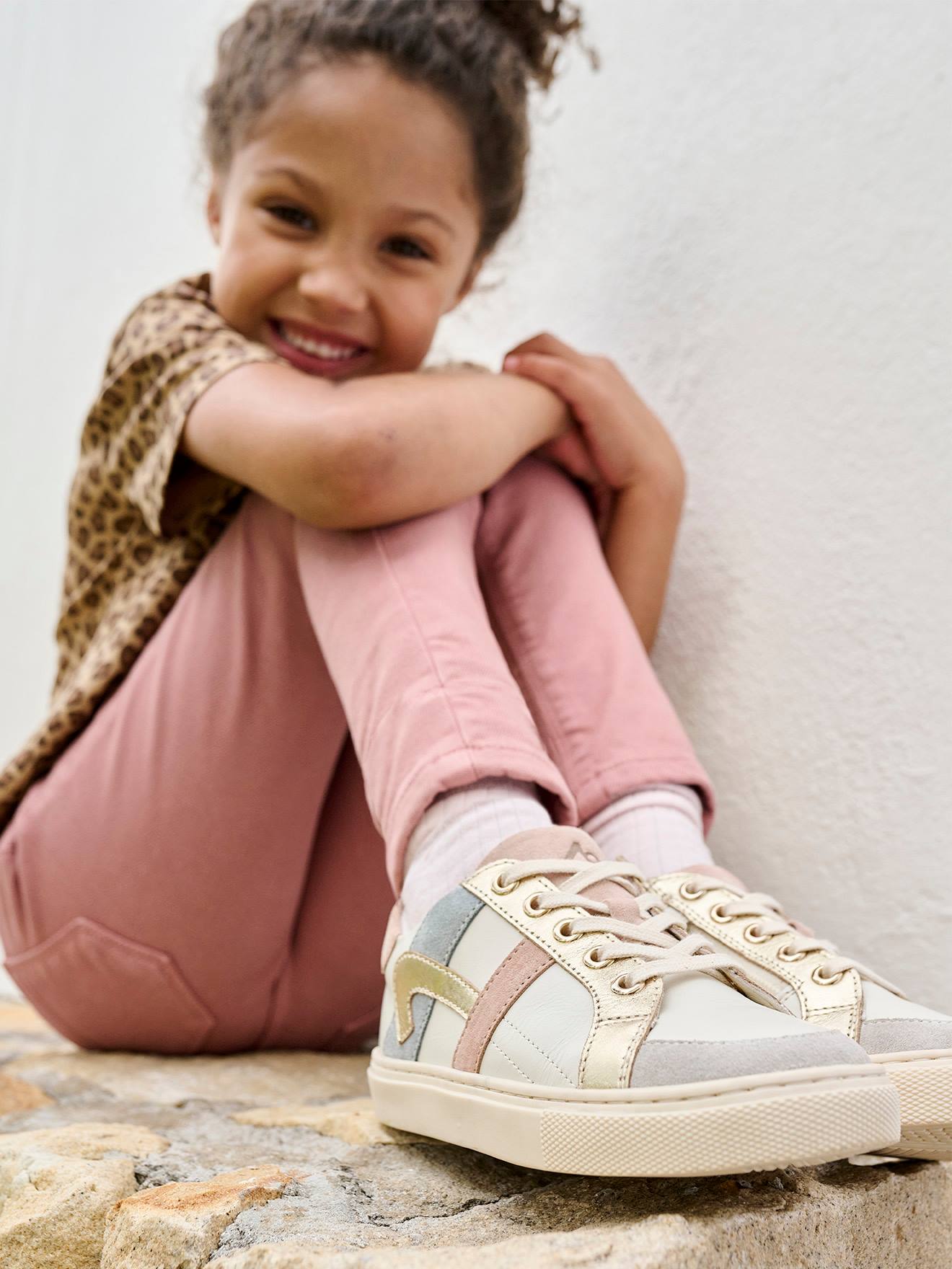 Baskets cuir lacées et zippées enfant écru