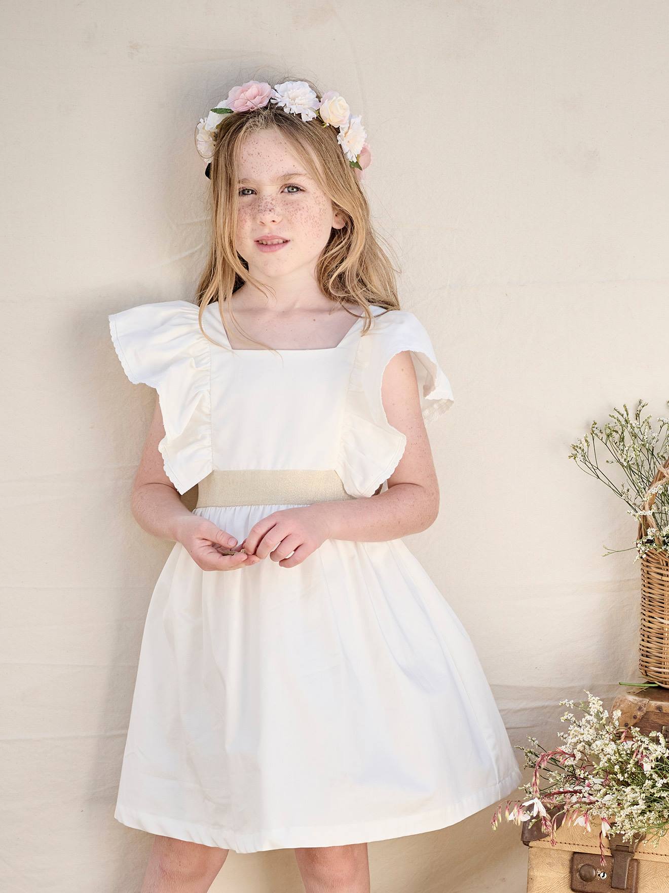 Robe de cérémonie à ceinture dorée fille blanc