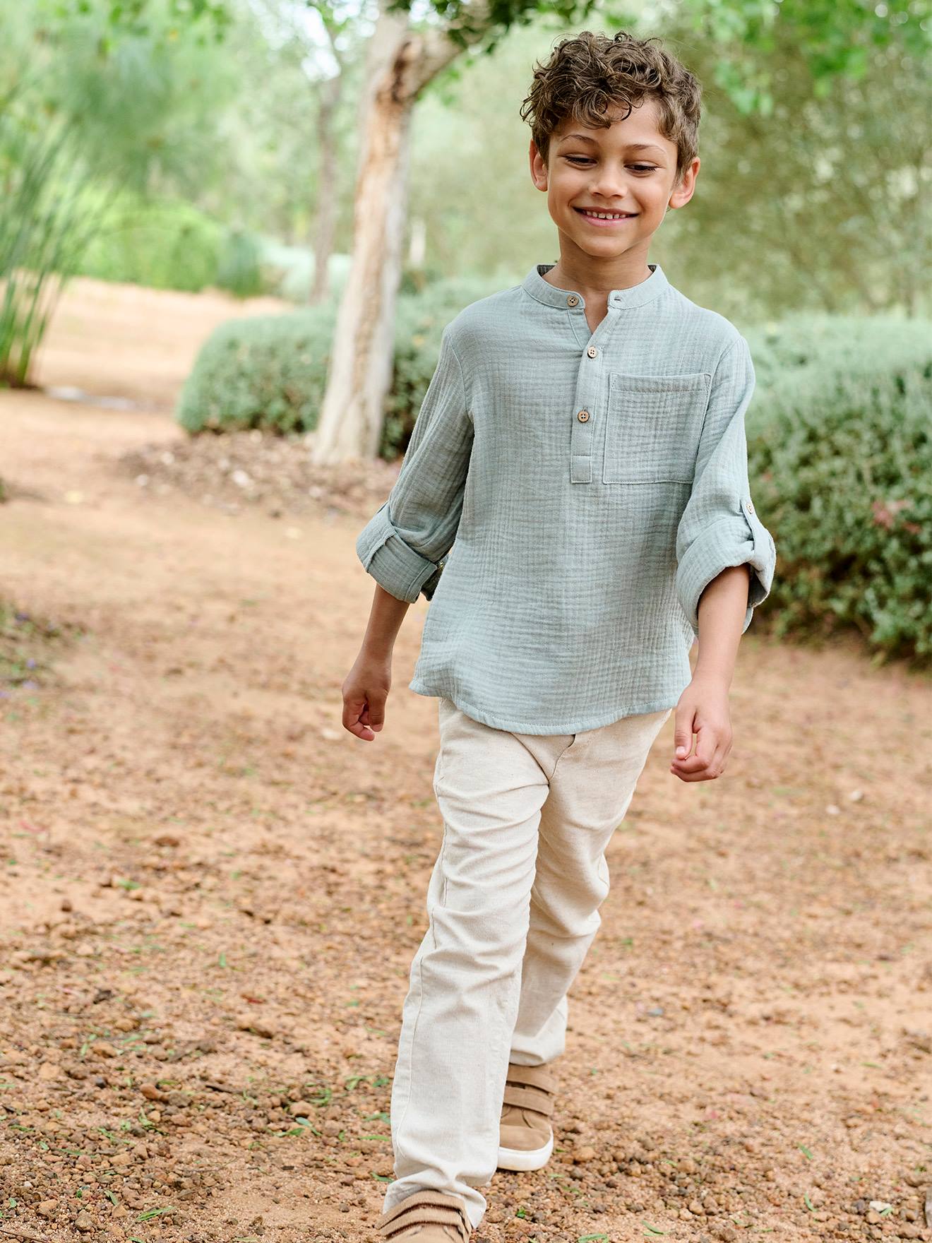 Pantalon léger garçon en coton/lin beige chiné