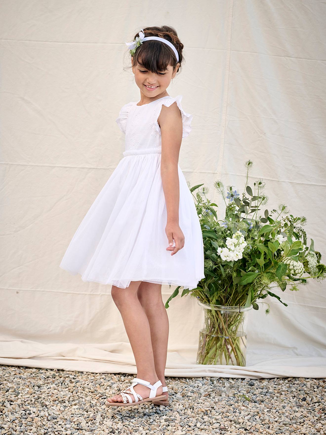 Robe cérémonie bi-matière en broderie anglaise et tulle fille blanc