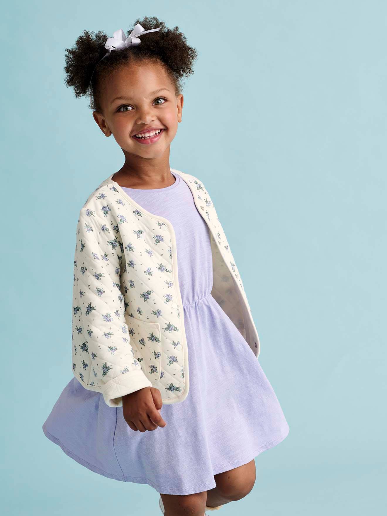 Ensemble veste matelassée imprimée fleurs + robe fille violet