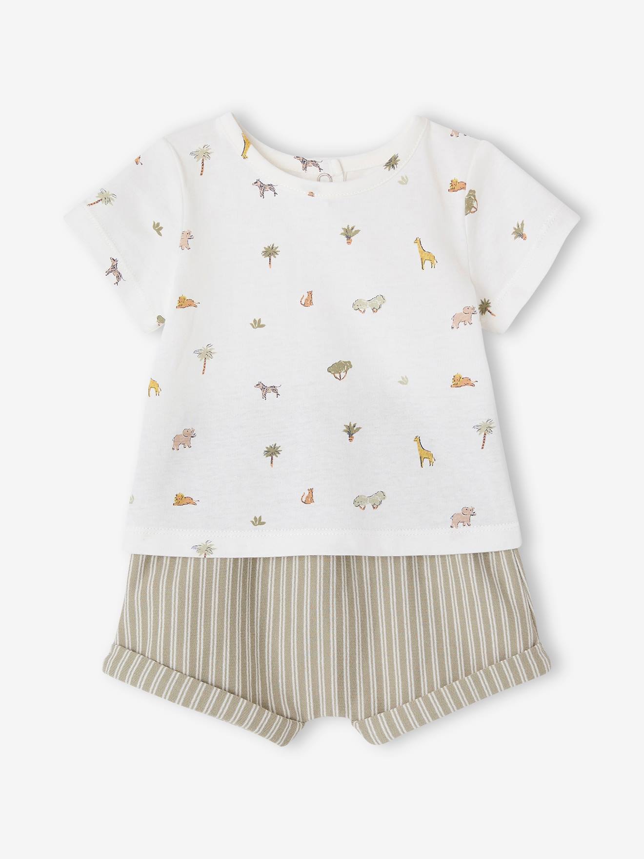 Ensemble naissance T-shirt imprimé et short rayé kaki