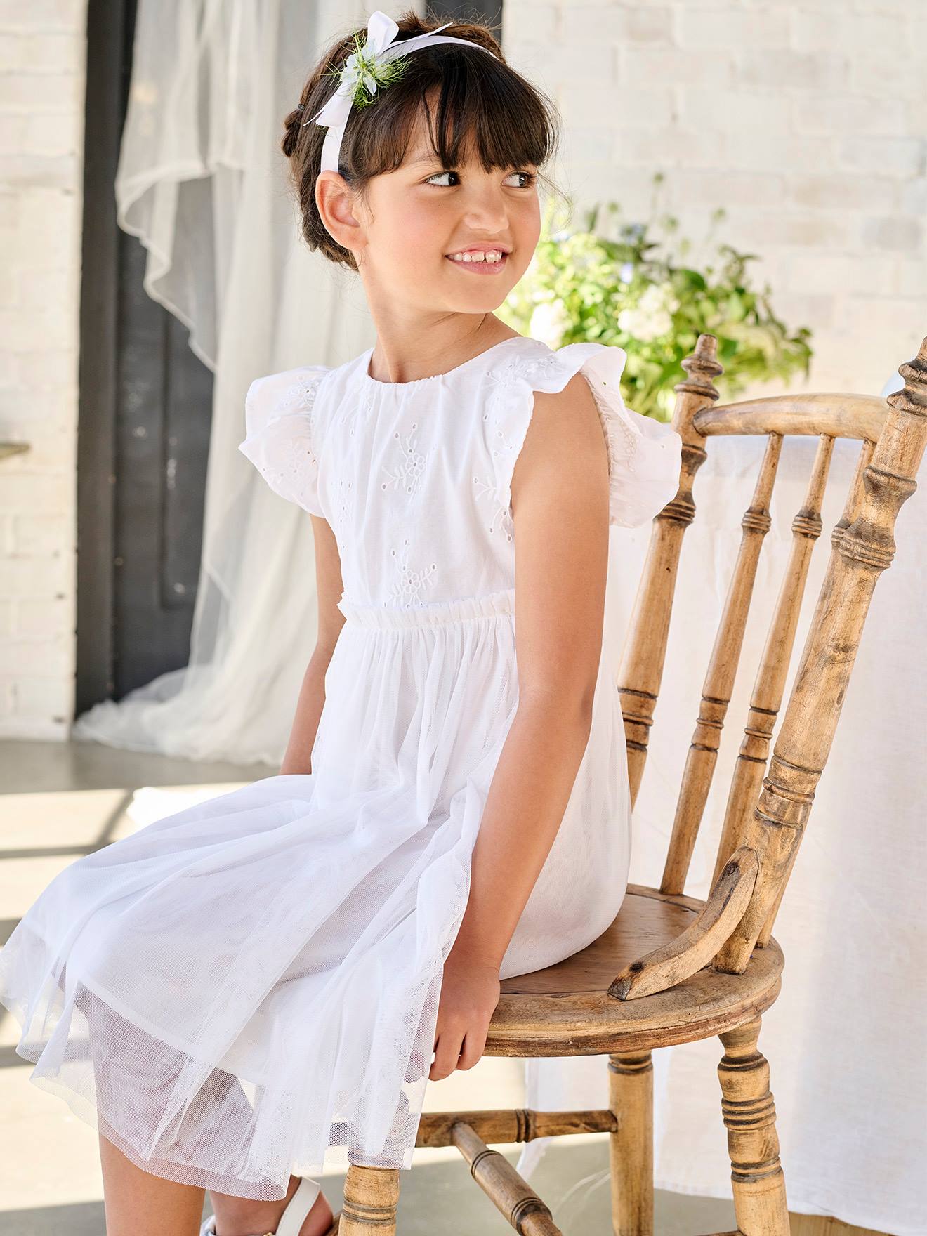 Robe cérémonie bi-matière en broderie anglaise et tulle fille blanc
