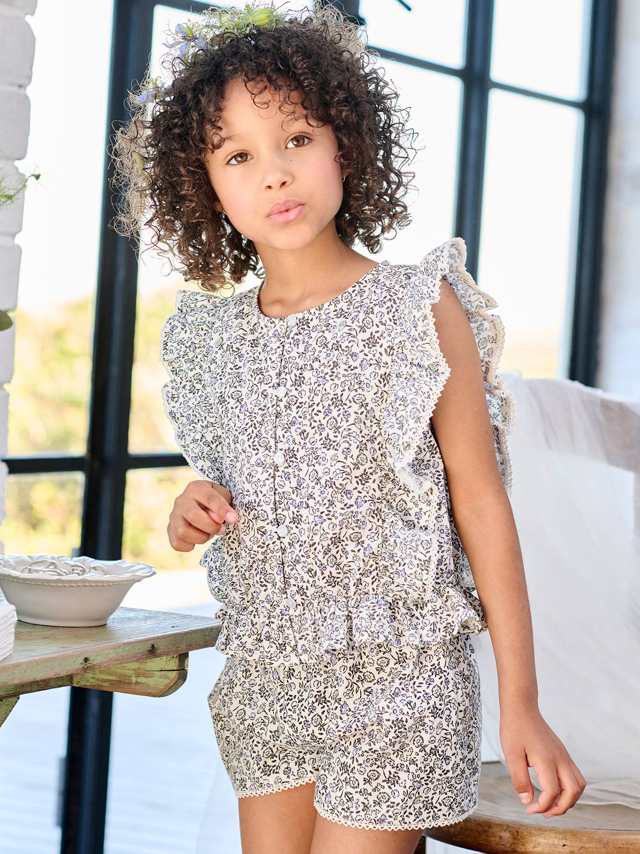 Ensemble blouse + short cérémonie fille bleu imprimé