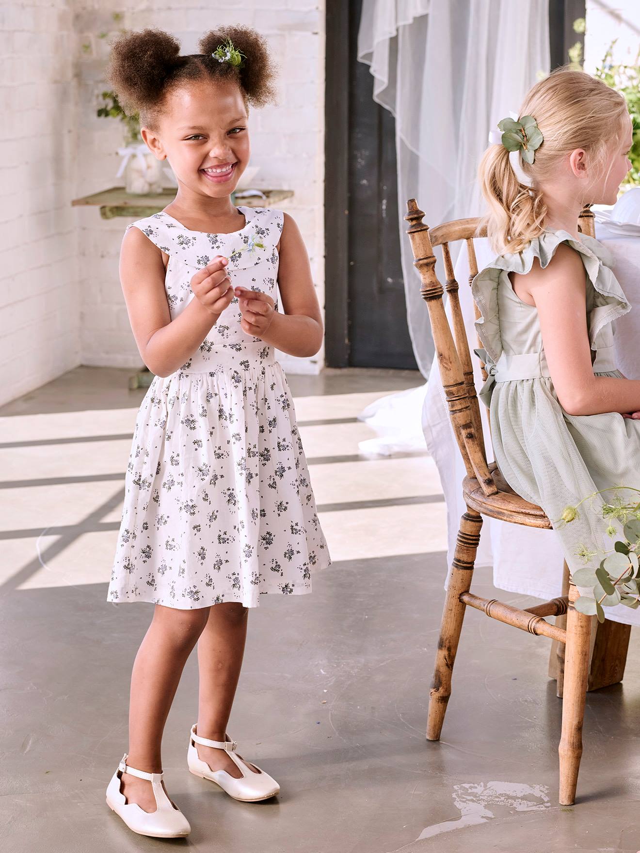 Robe de cérémonie imprimée fleurs fille blanc