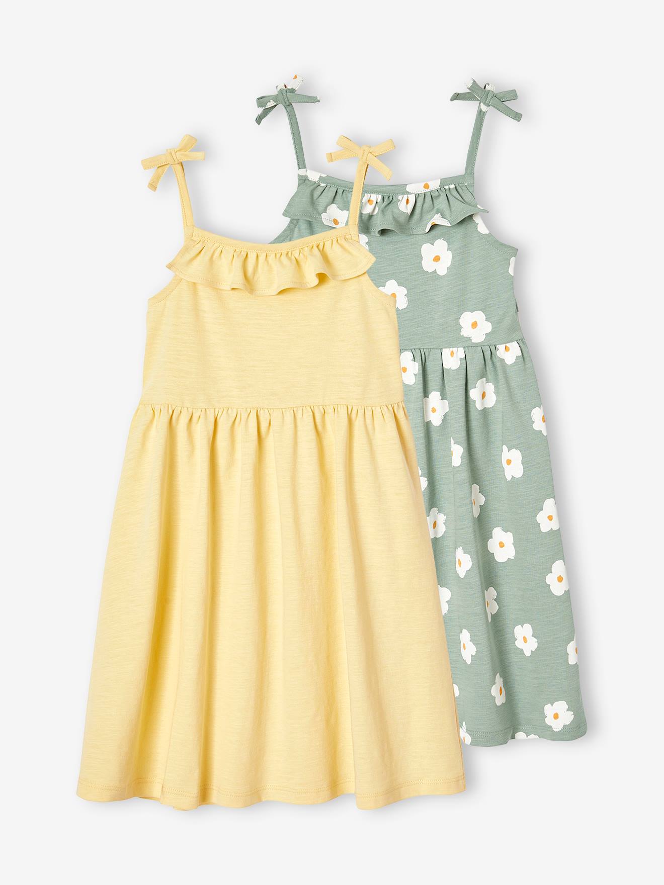 Lot de 2 robes à bretelles fille 1 imprimée + 1 unie vert sauge