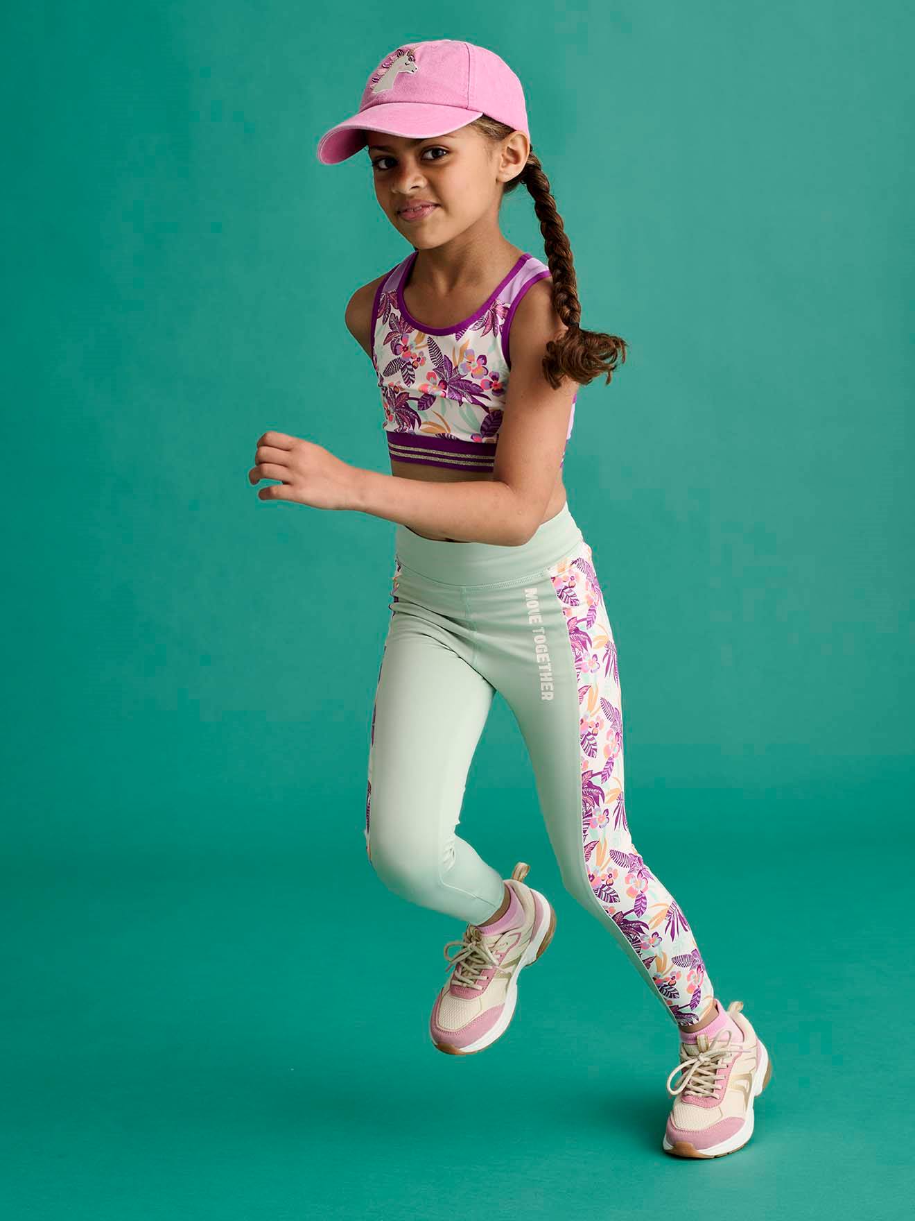 Legging technique sport fille bandes côtés imprimées vert sauge