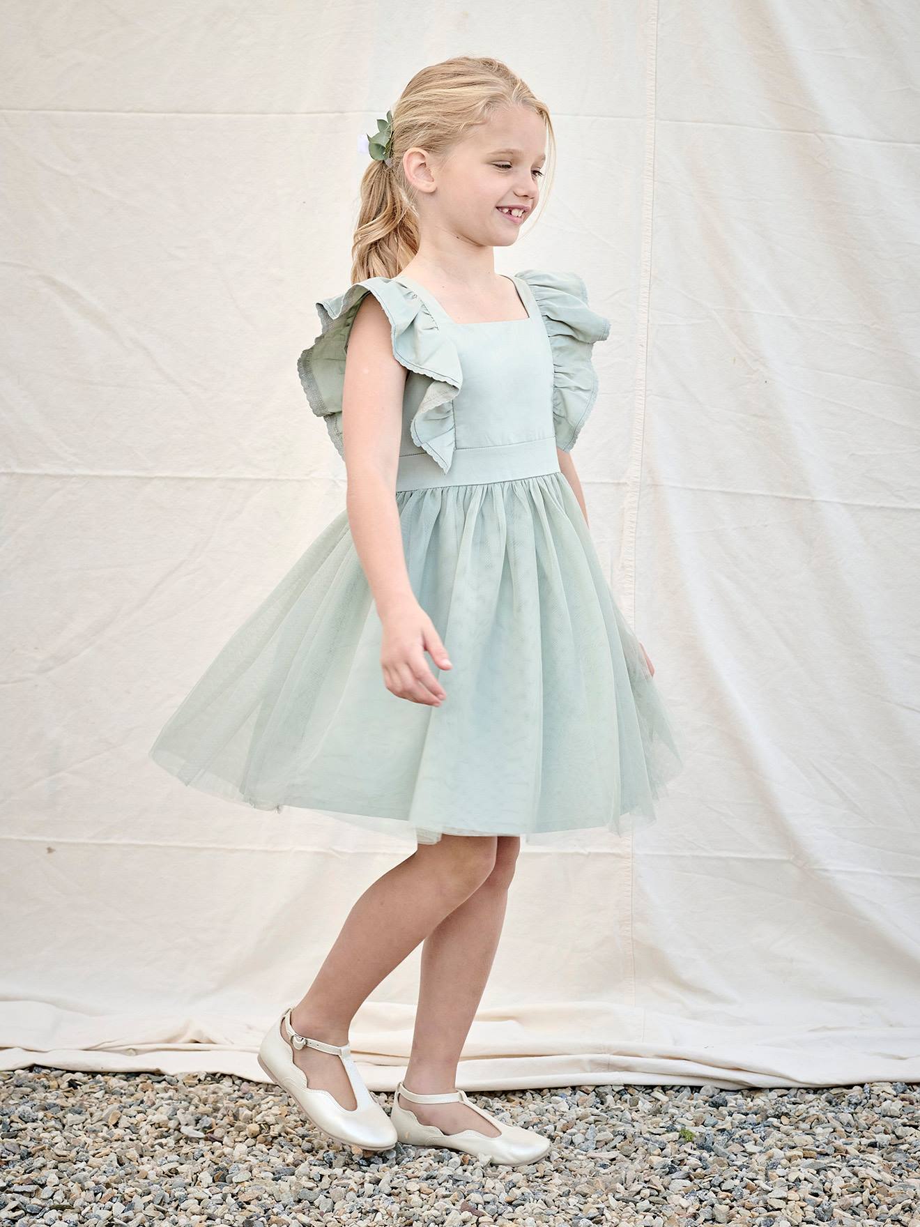 Robe de cérémonie à volants fille en satin de coton et tulle vert sauge