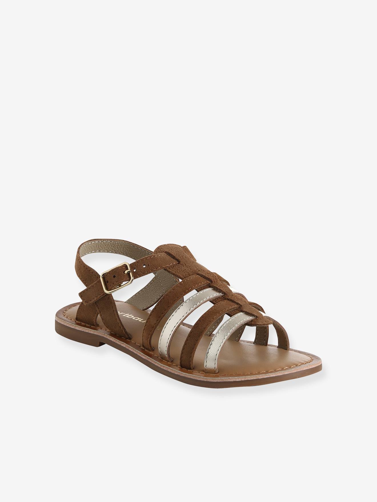 Sandales multi-brides cuir fille caramel