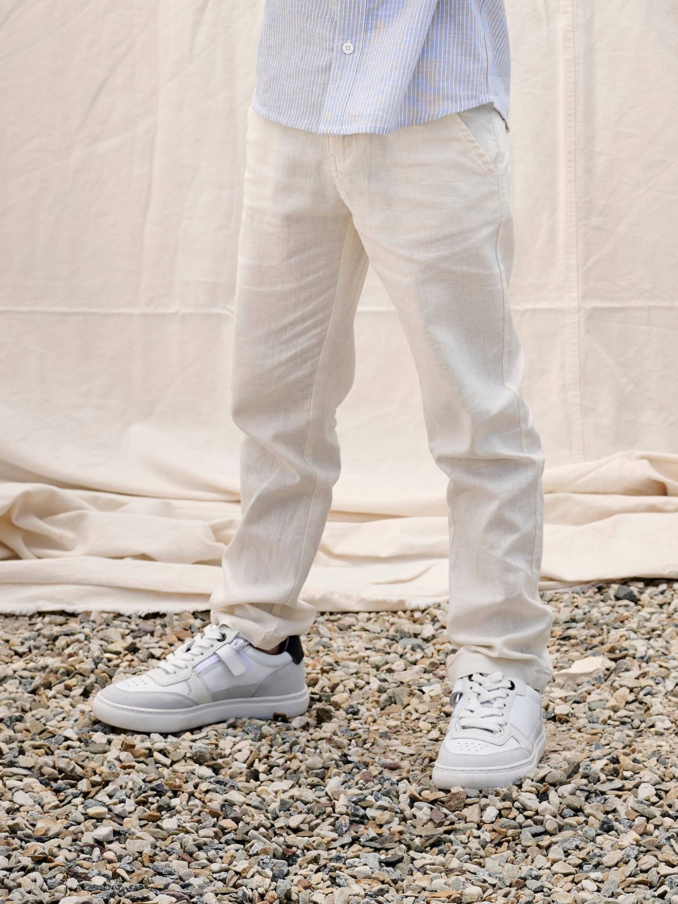 Vertbaudet - Pantalon chino garçon en coton/lin beige clair