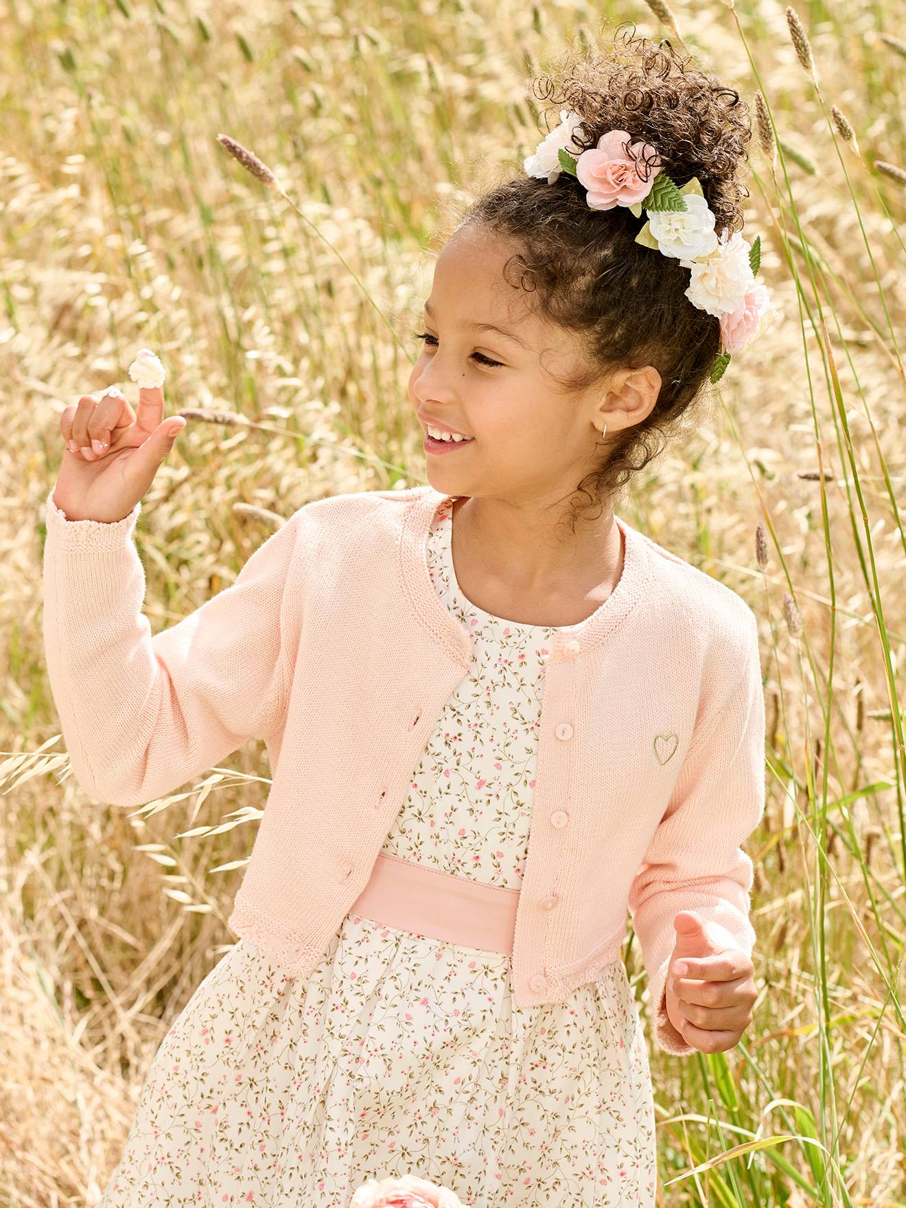 Gilet boléro fille en maille pointelle rose pâle