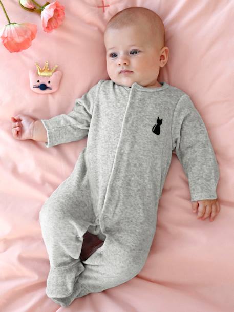 Pyjama bébé velours dos fantaisie ouverture naissance Oeko-Tex® gris chiné 1 - vertbaudet enfant 