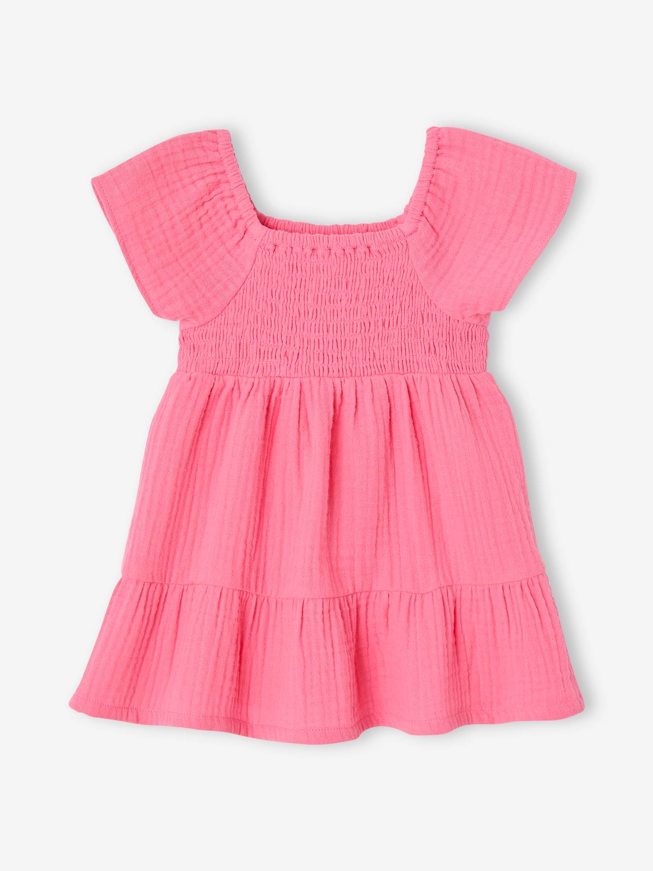 Robe bébé smockée en gaze de coton rose bonbon