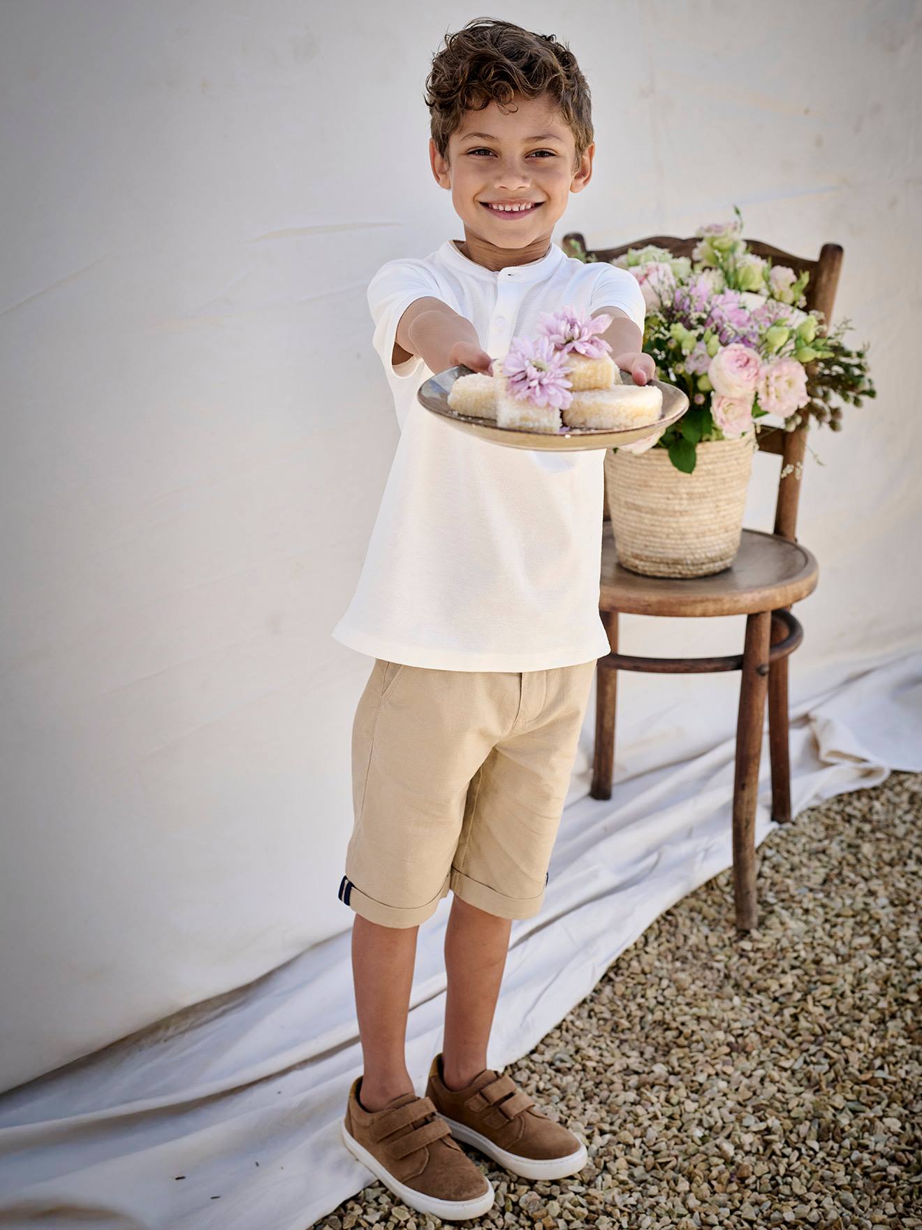 Bermuda garçon cérémonie en coton/lin beige