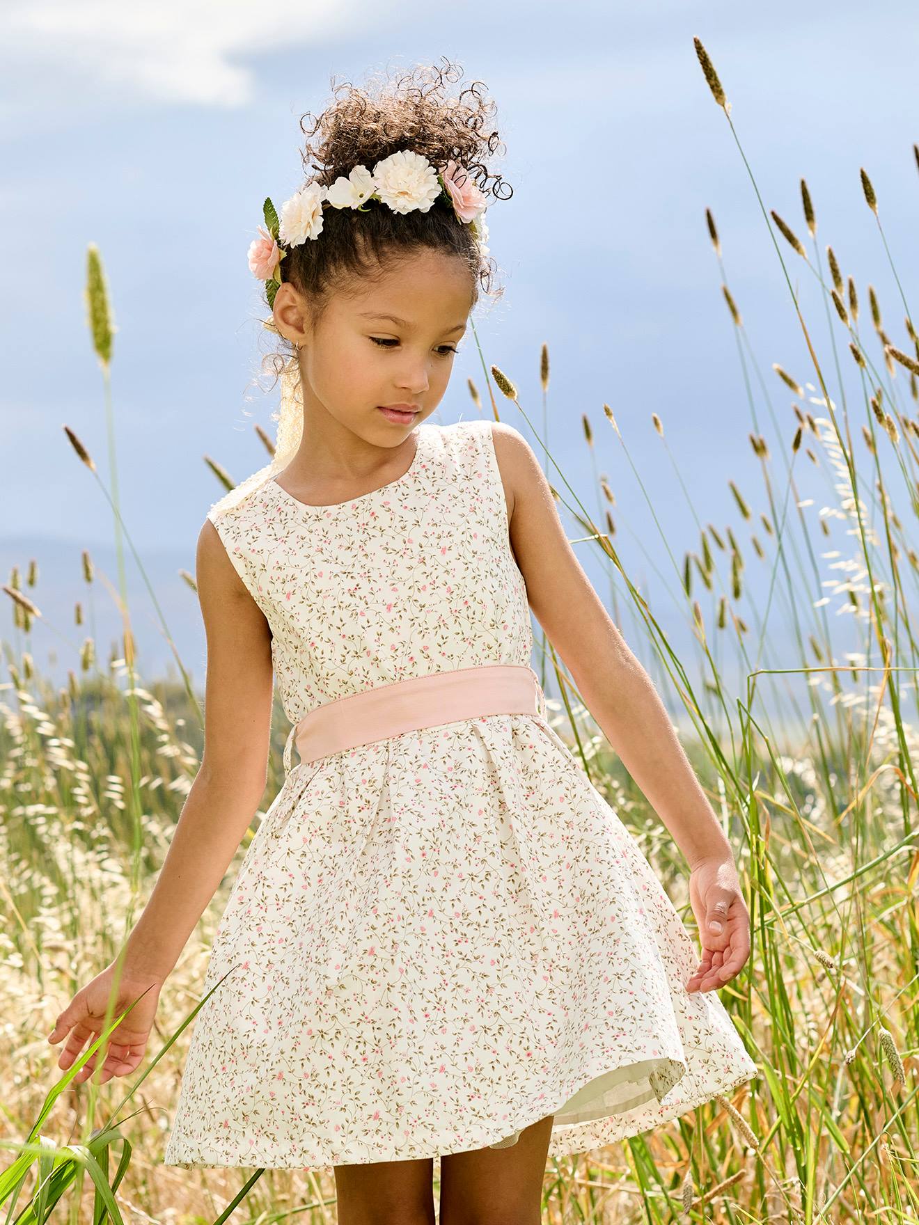 Robe de cérémonie motifs fleurs fille blanc imprimé