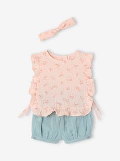 -Ensemble bébé : blouse + short + bandeau en gaze de coton