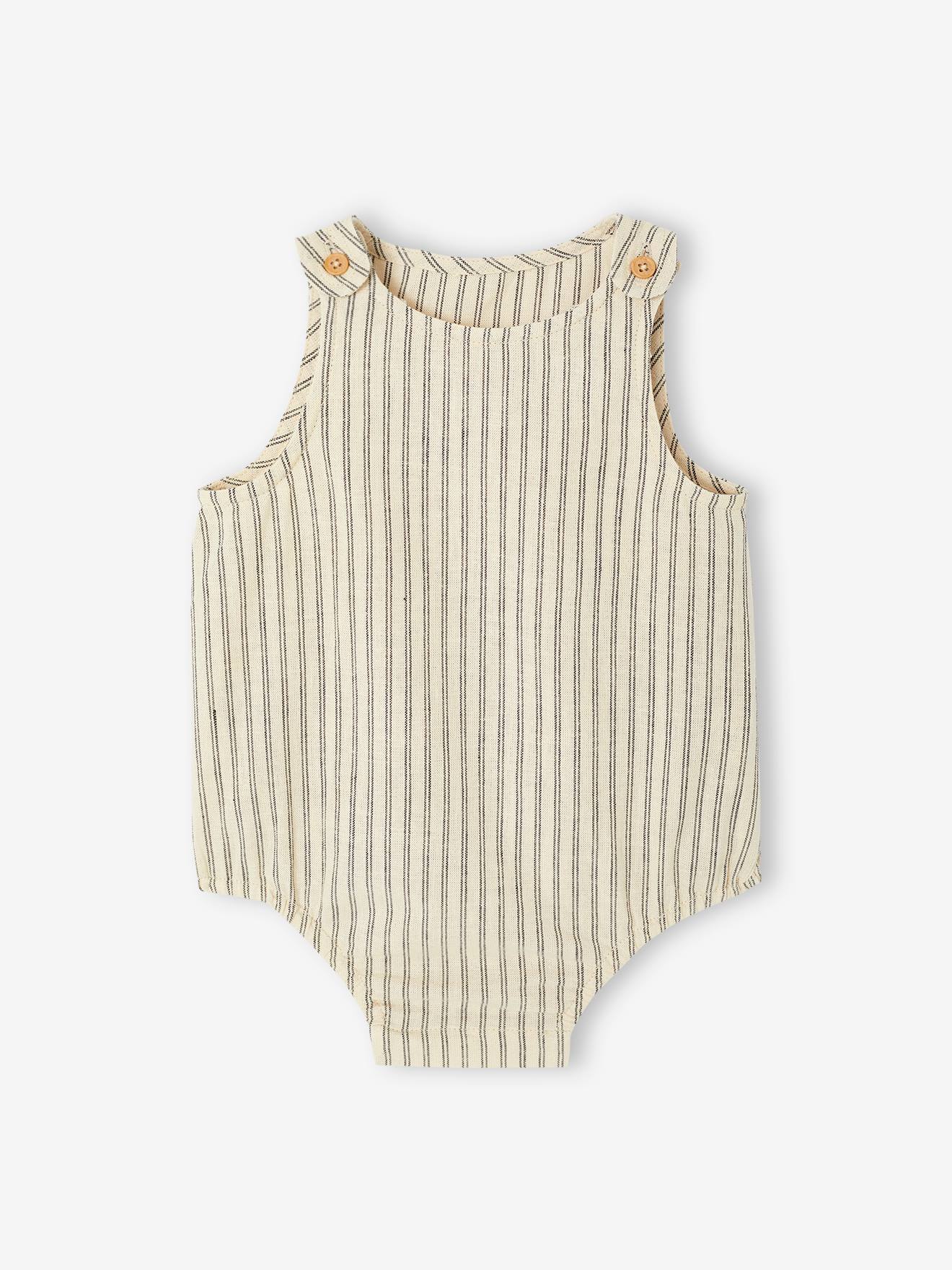 Barboteuse mixte rayée bébé coton/lin écru