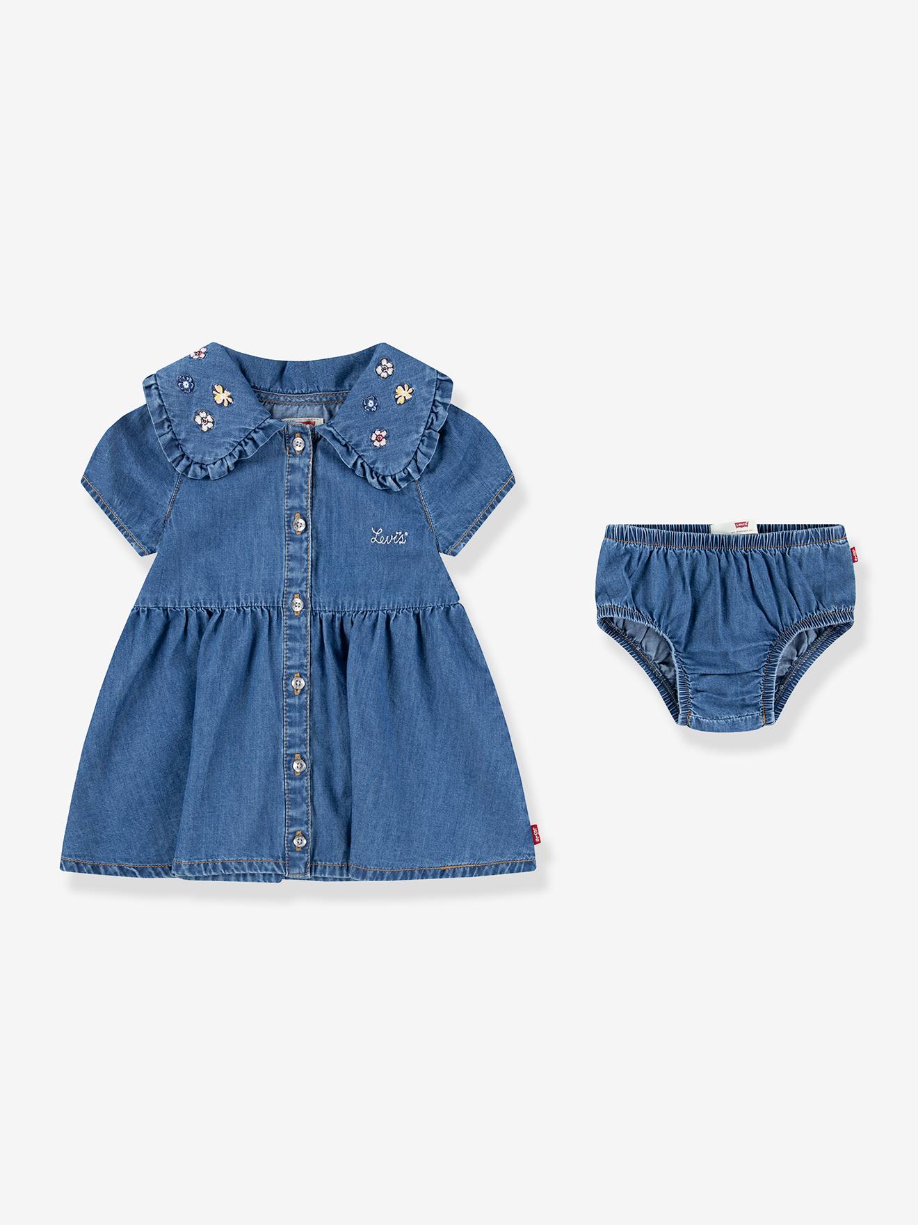 Ensemble En Jean Bébé Fille Robe Col Brodé + Couche-culotte Levi's® Bleu Moyen