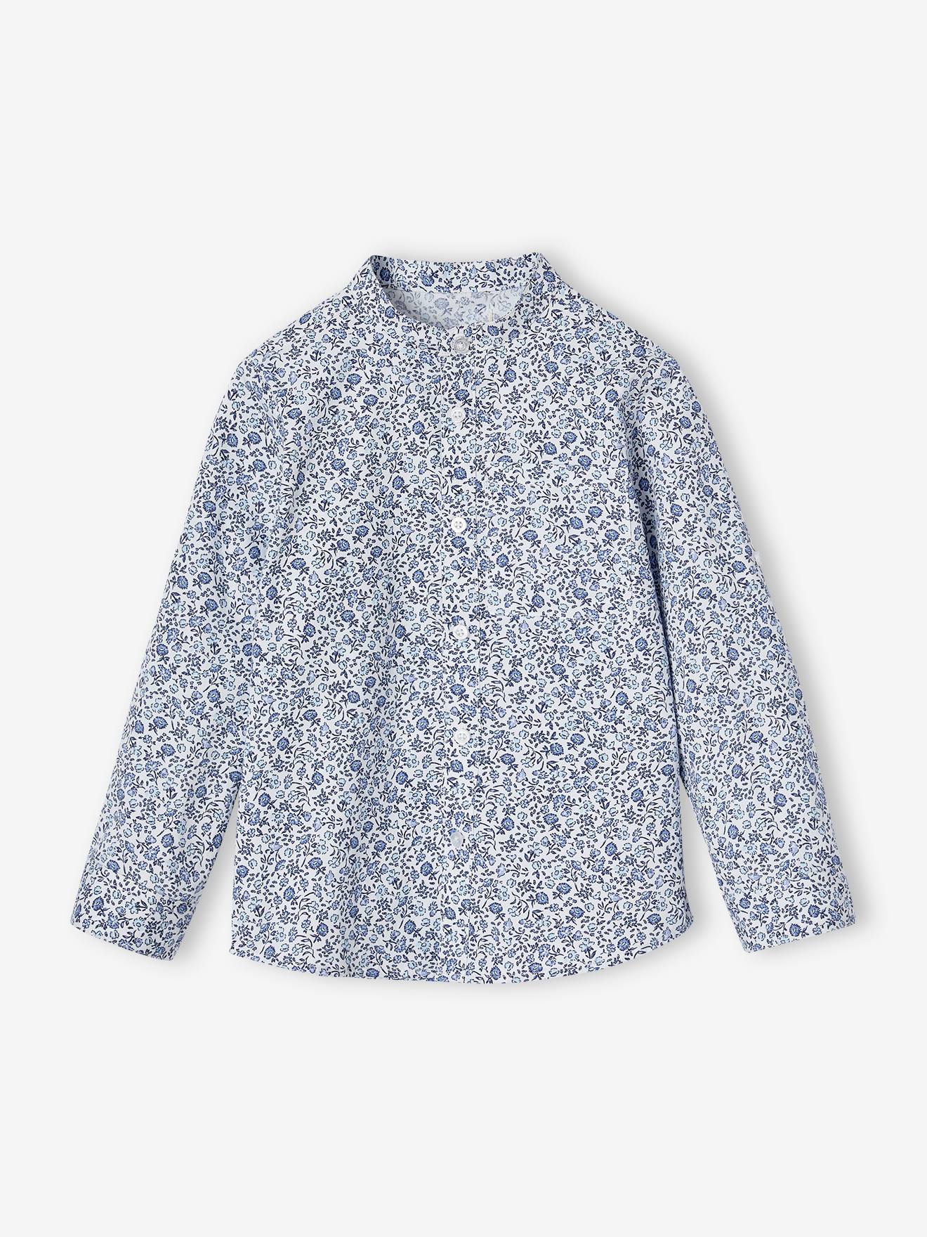 Chemise fleurie à col Mao garçon bleu imprimé