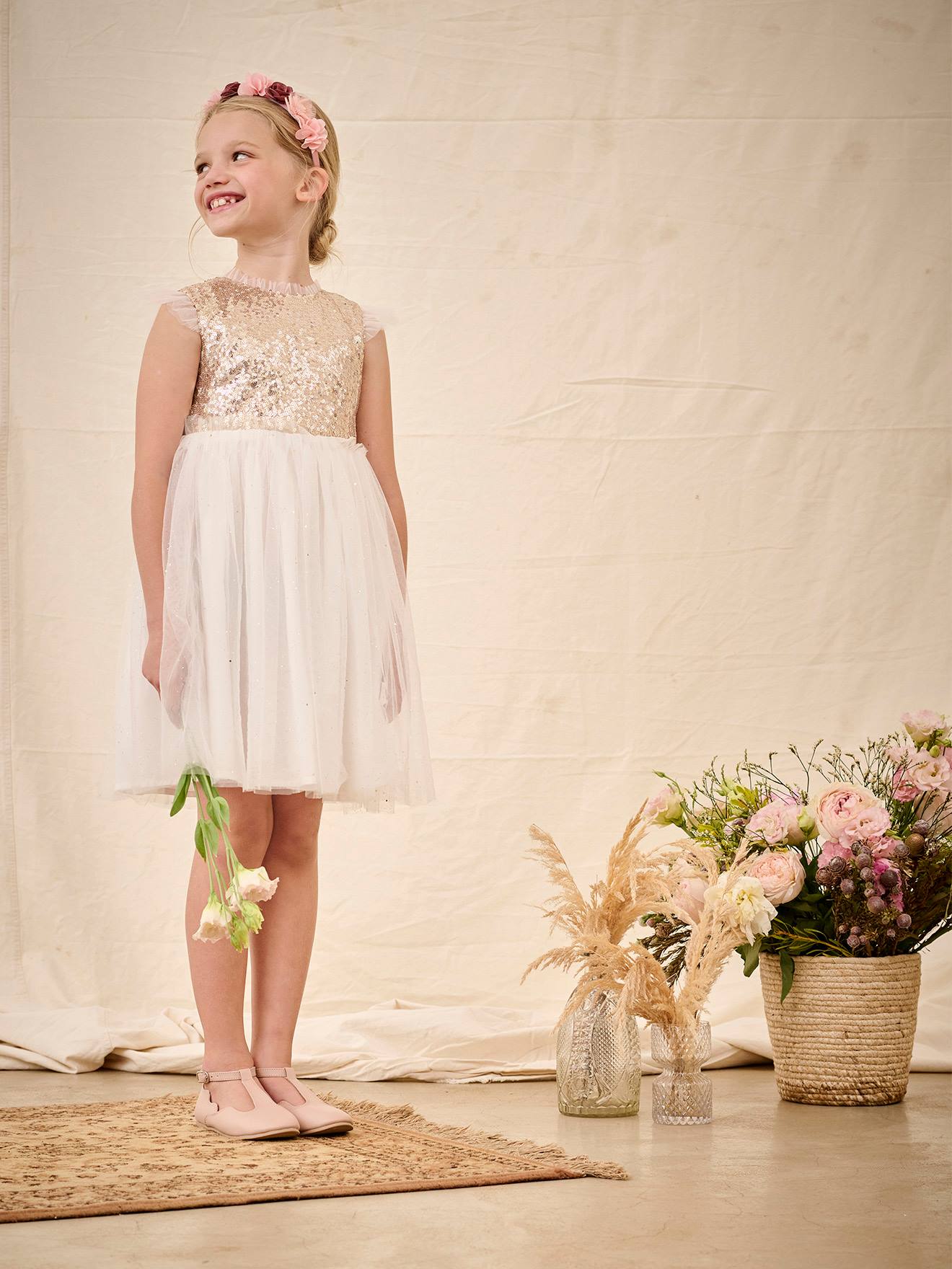 Robe cérémonie en sequins et tulle pailleté fille or