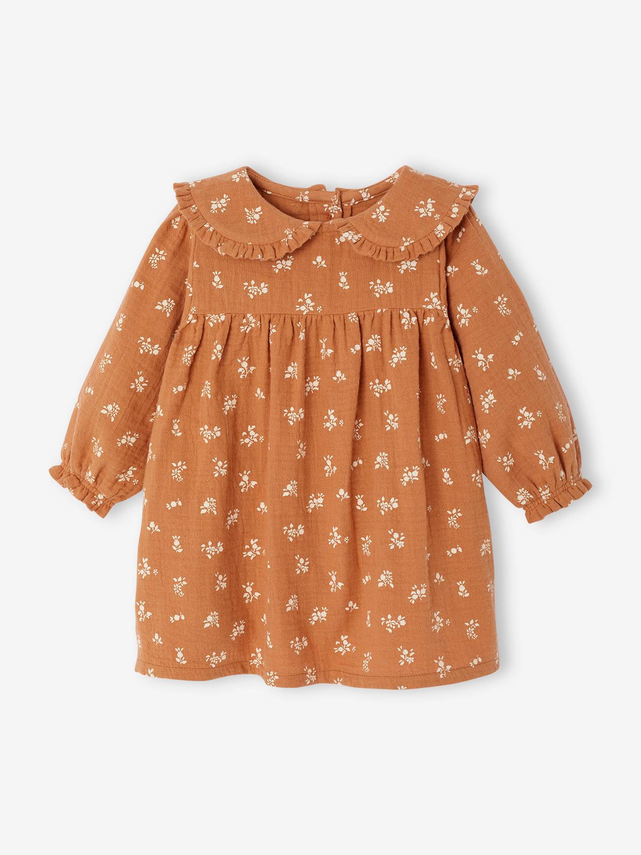 Robe fleurie bébé en gaze de coton caramel