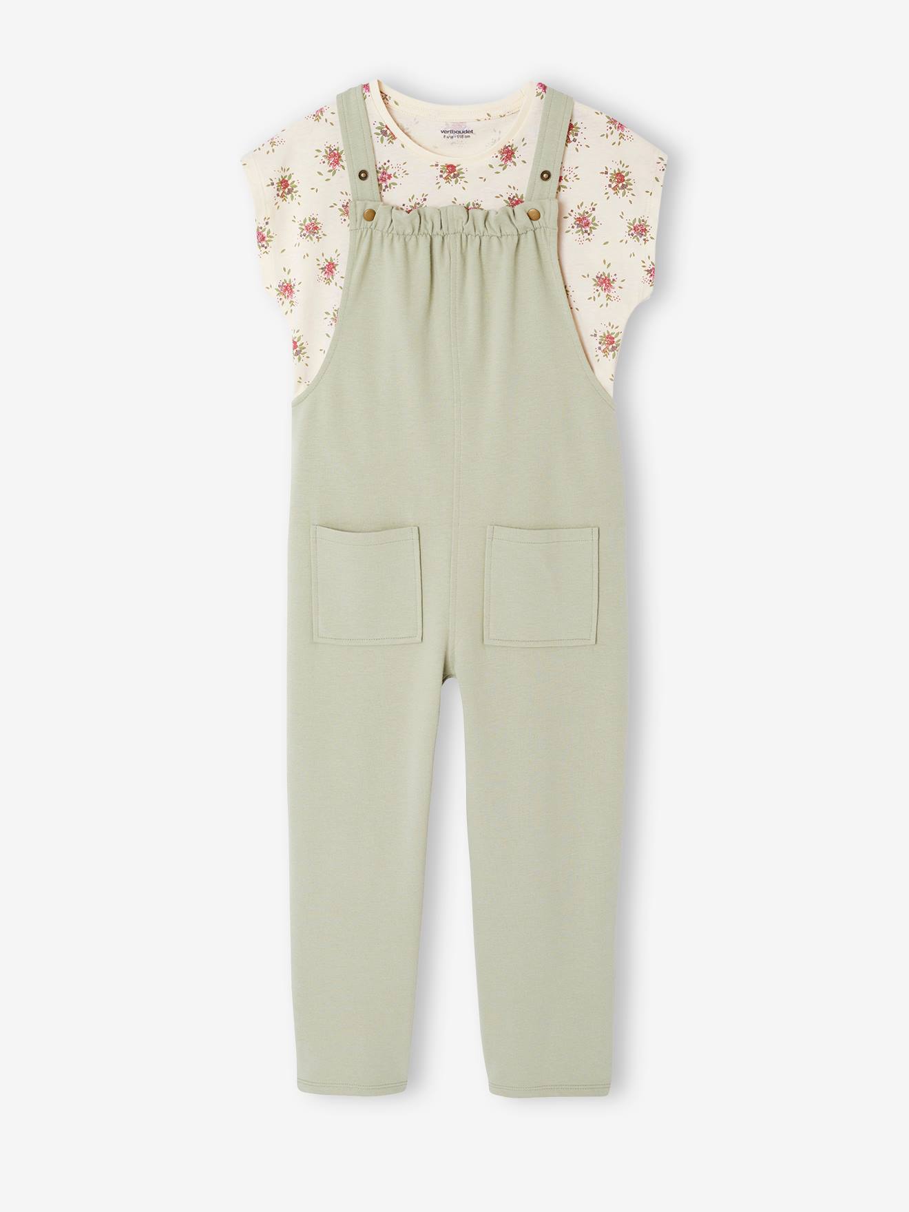 Ensemble t-shirt et salopette fille vert sauge
