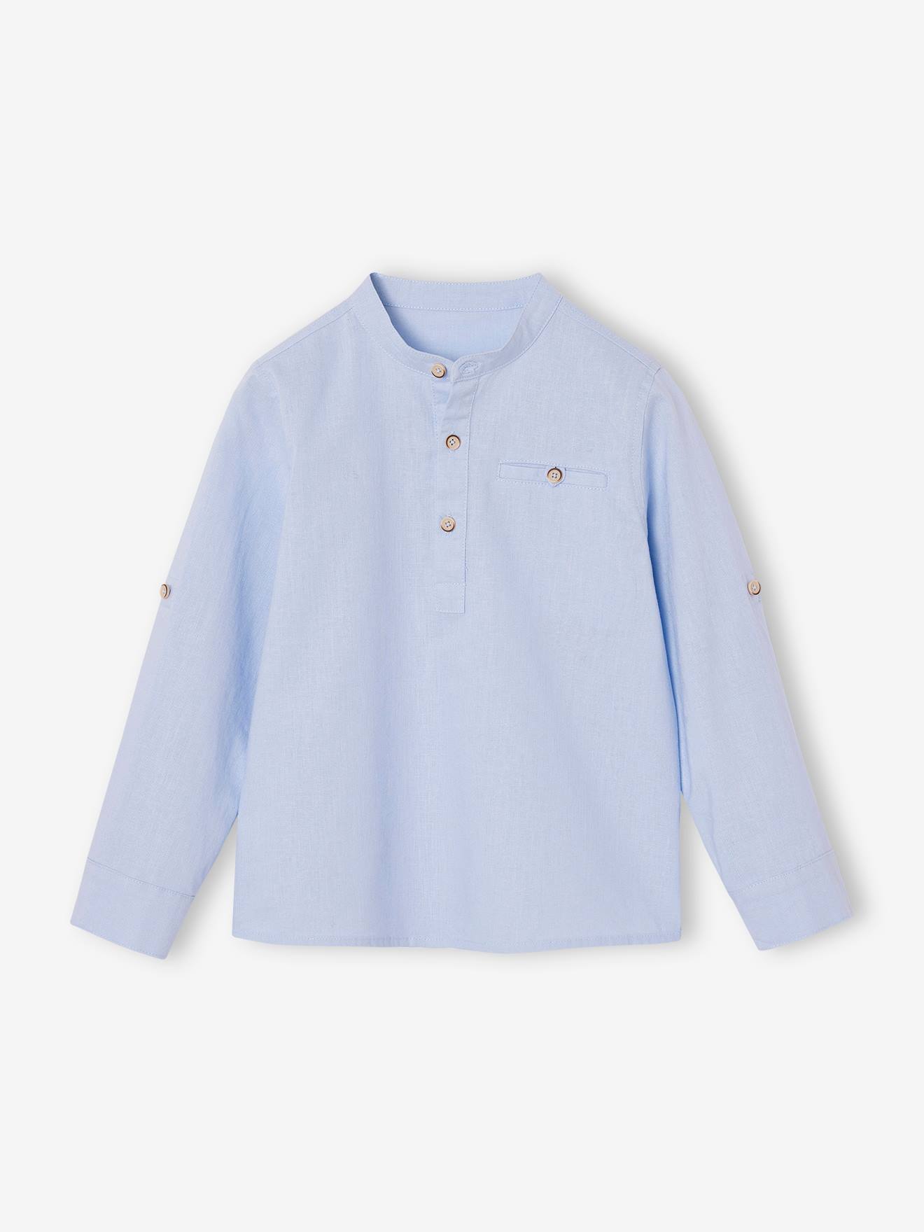 Chemise col Mao en coton/lin garçon manches retroussables bleu ciel