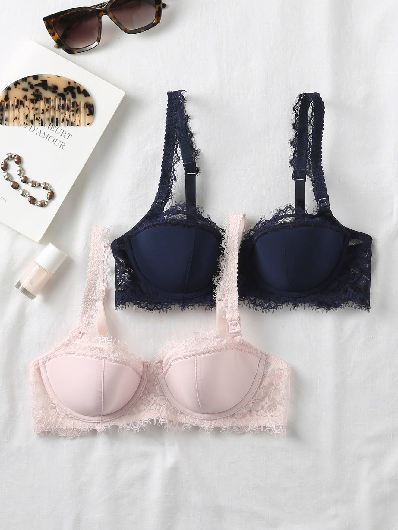 lot de 2 soutiens-gorges en dentelle marine/rose