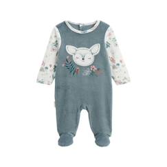 -Pyjama bébé en velours PETIT BEGUIN - Ma Petite Bichette - Bleu - Manches imprimées - Patch biche