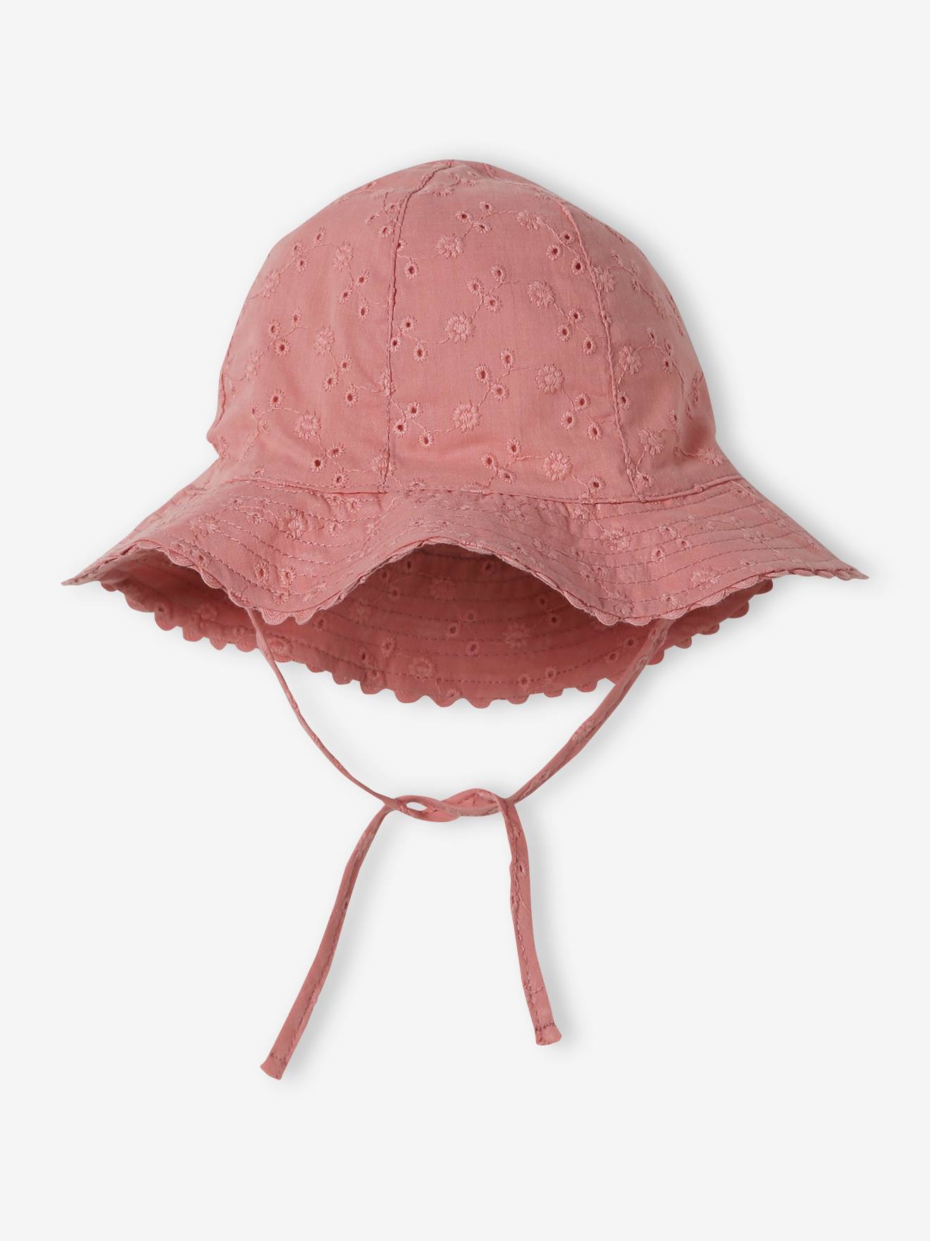 Chapeau en broderie anglaise bébé fille vieux rose