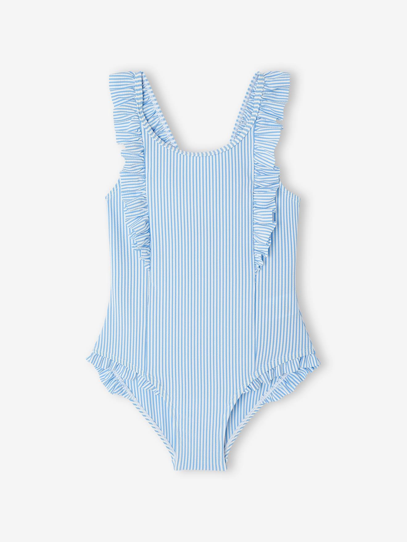 Maillot de bain rayé 1 pièce fille bleu ciel