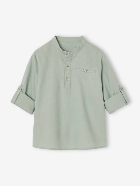 Chemise Col Mao Garçon En Coton/lin - Vert Sauge, Manches Retroussables, Taille 8 Ans - Style Casual Ou Habillé