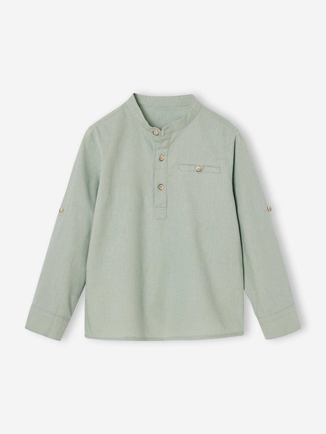 Chemise col Mao en coton/lin garçon manches retroussables vert sauge