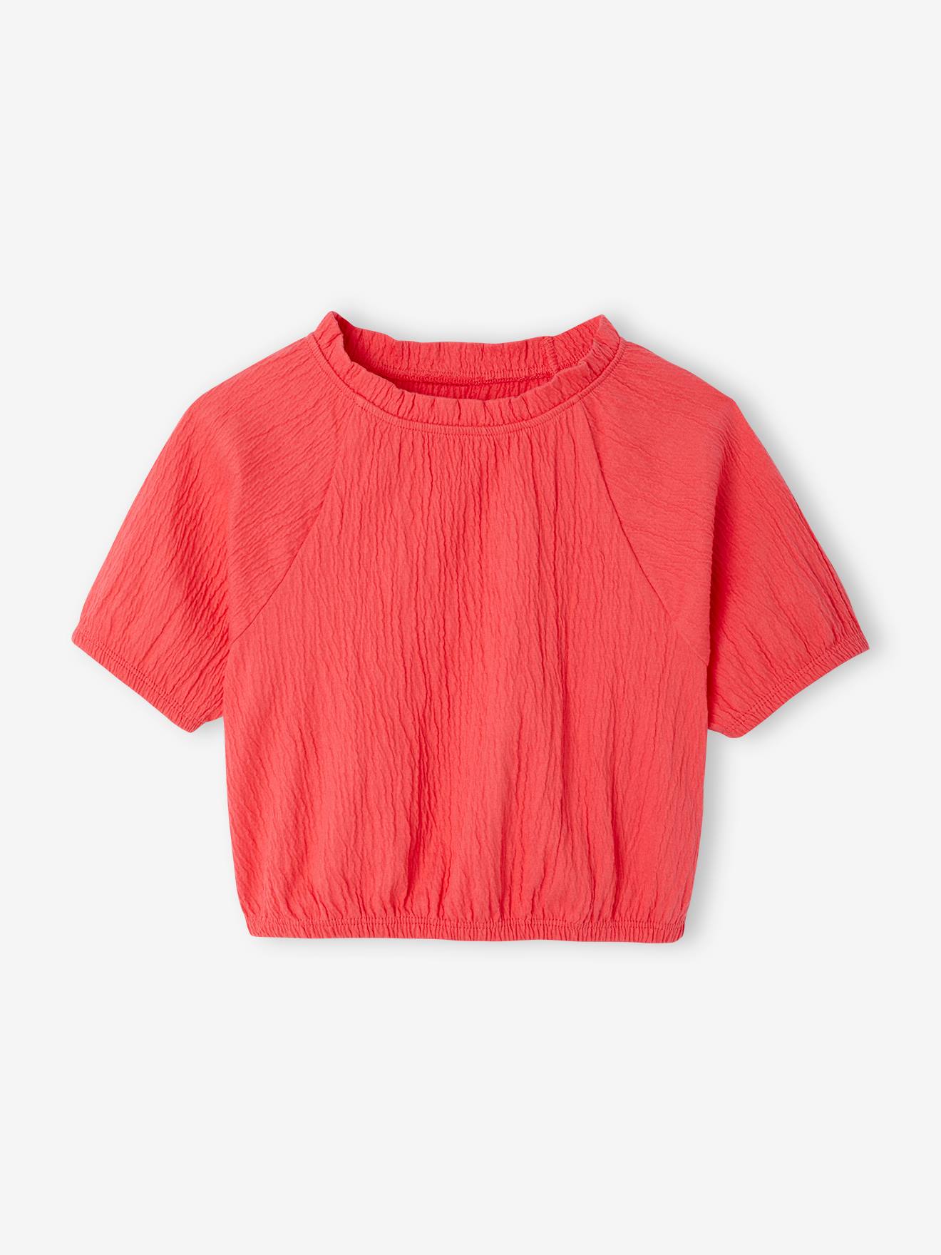 Tee-shirt blouse forme crop fille corail