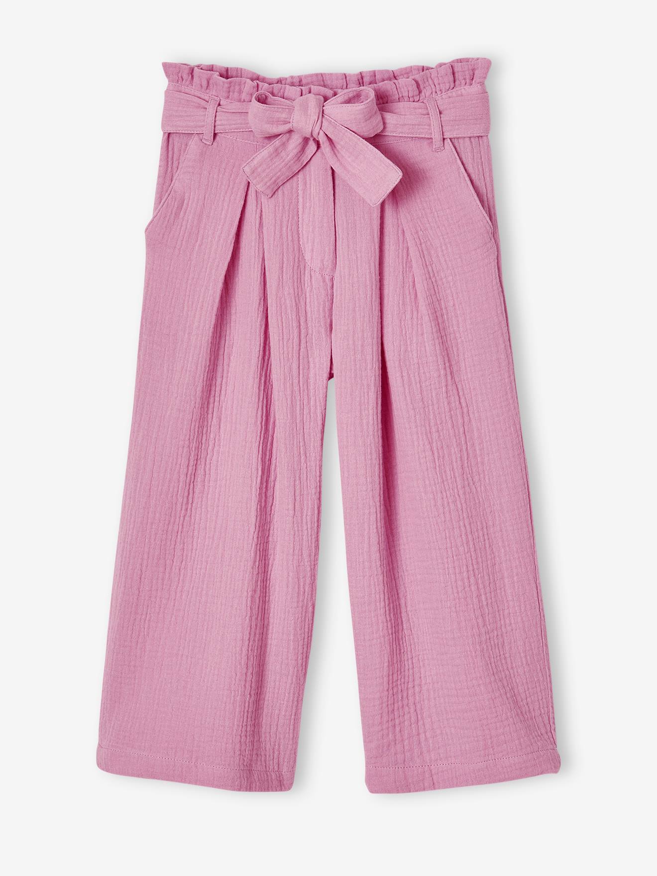 Pantacourt fille large gaze de coton style paperbag lilas