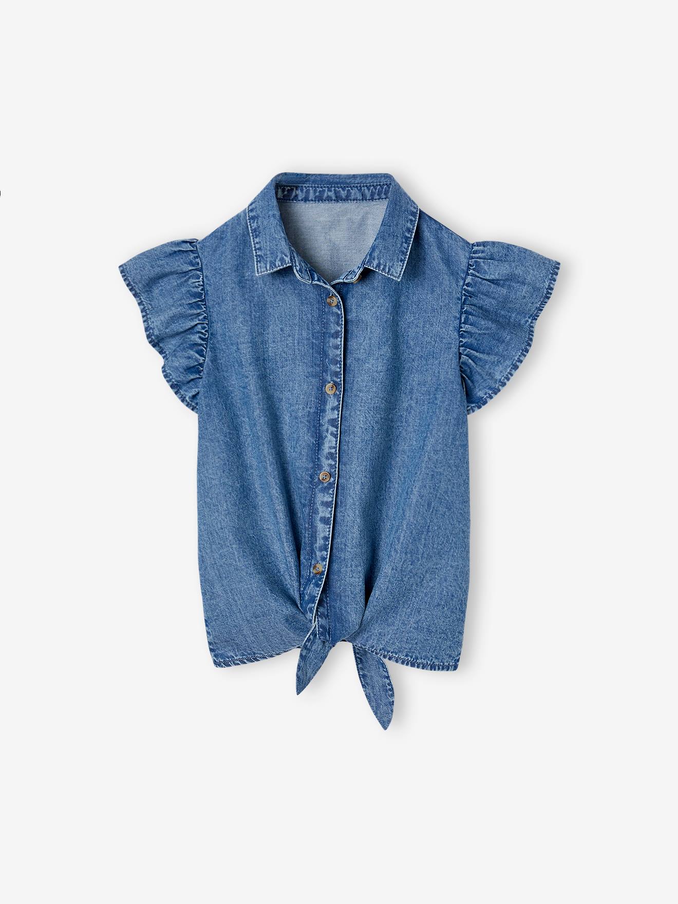 Blouse en denim avec nouette fille bleu moyen