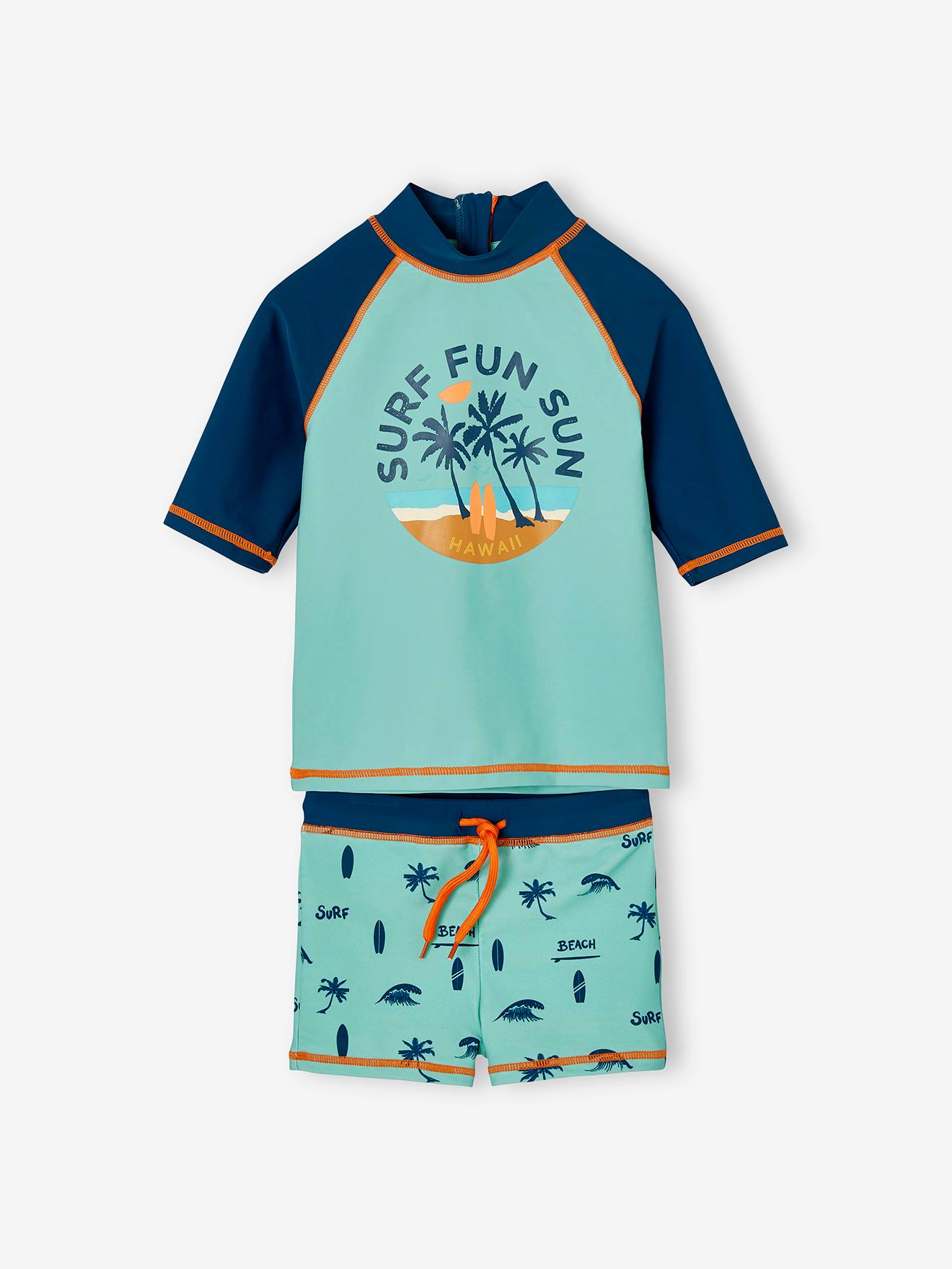 Ensemble de bain garçon T-shirt anti-UV + short bleu turquoise/pétrole