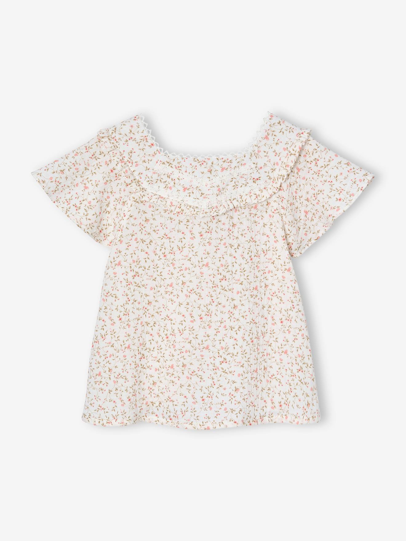 Blouse de cérémonie fleurie en gaze de coton fille rose imprimé