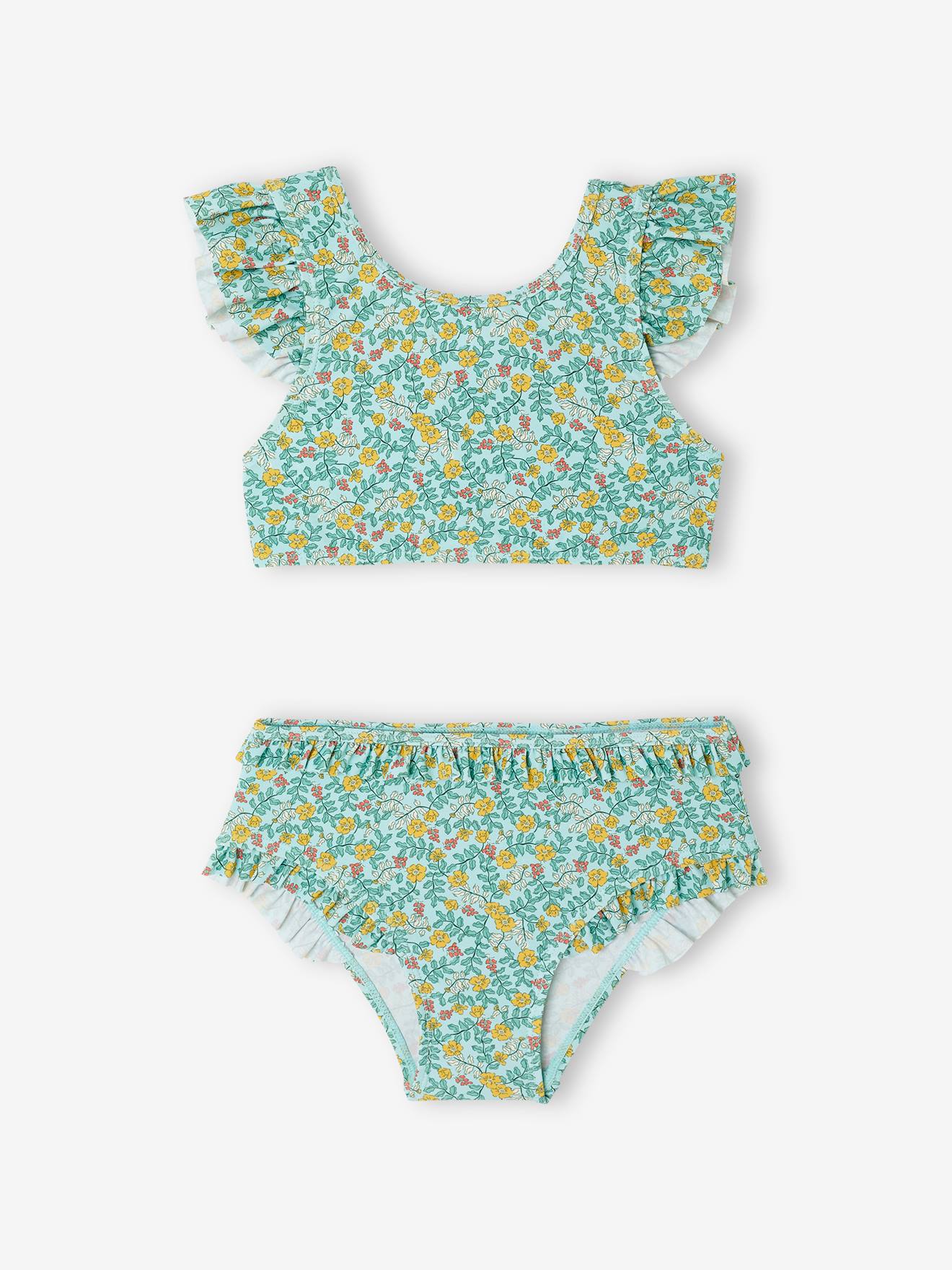 Maillot de bain 2 pièces fleuri fille bleu ciel imprimé