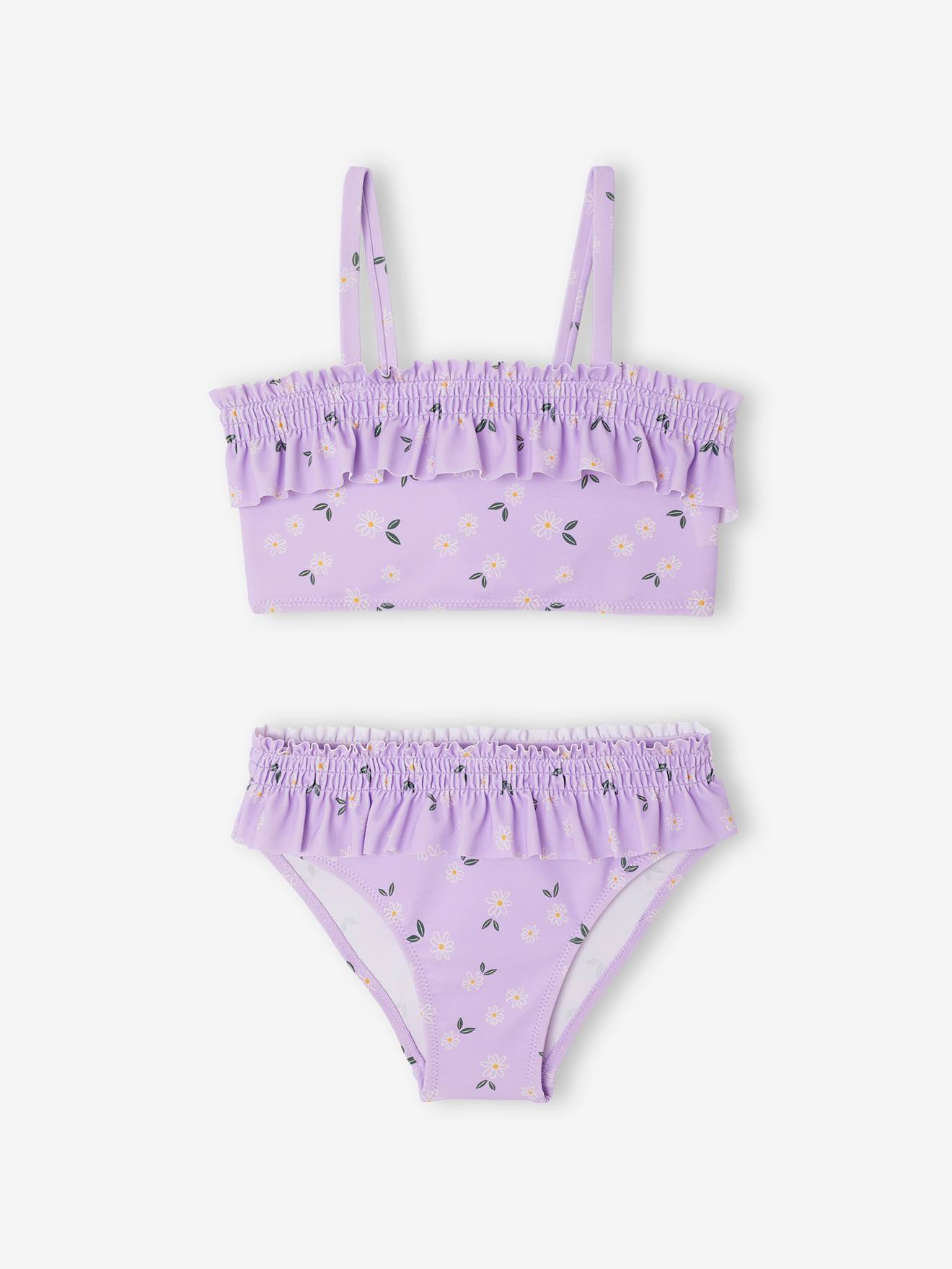 Maillot de bain fille 2 pièces haut smocké et volanté bas volanté lilas imprimé