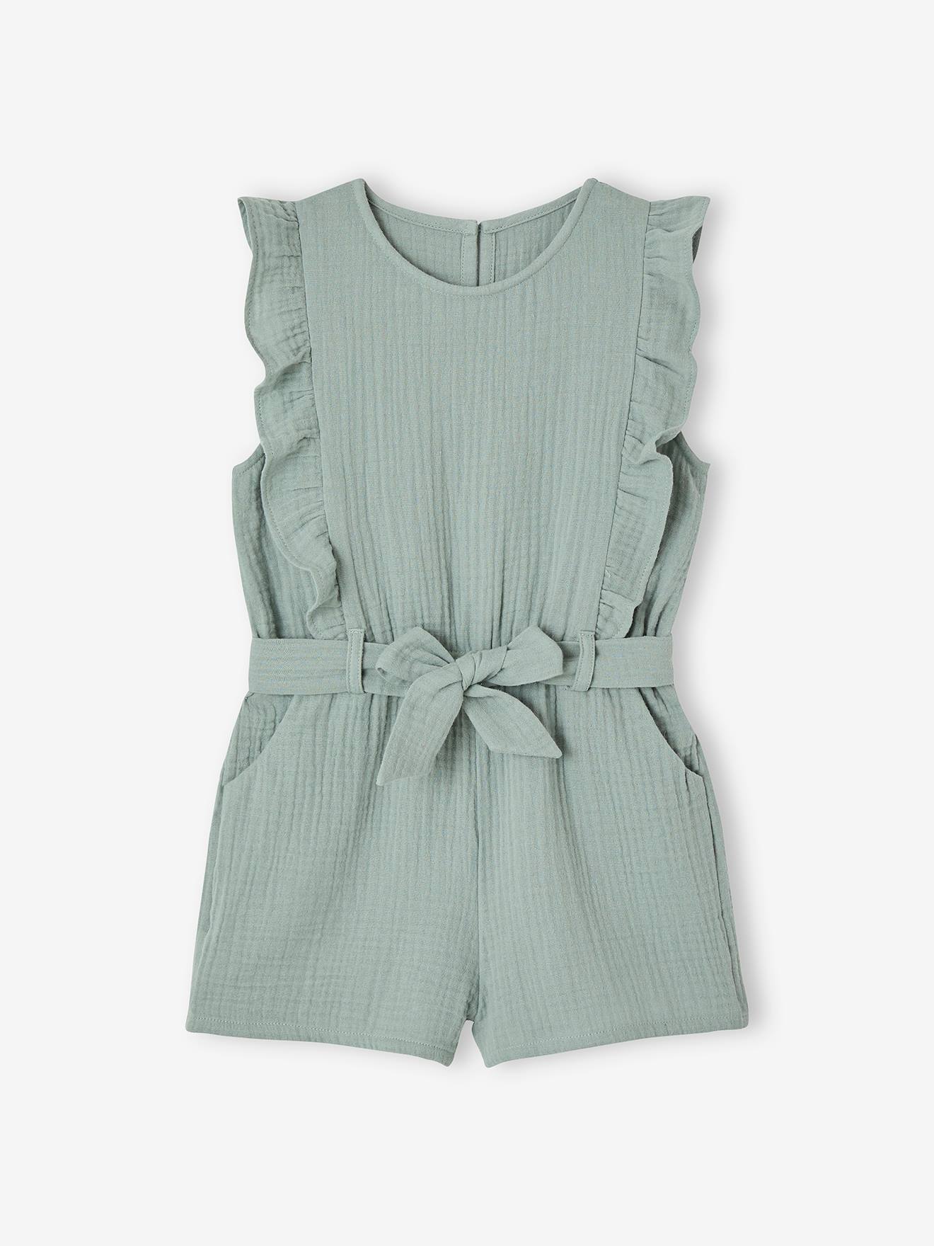 Combishort à volants en gaze de coton fille vert sauge