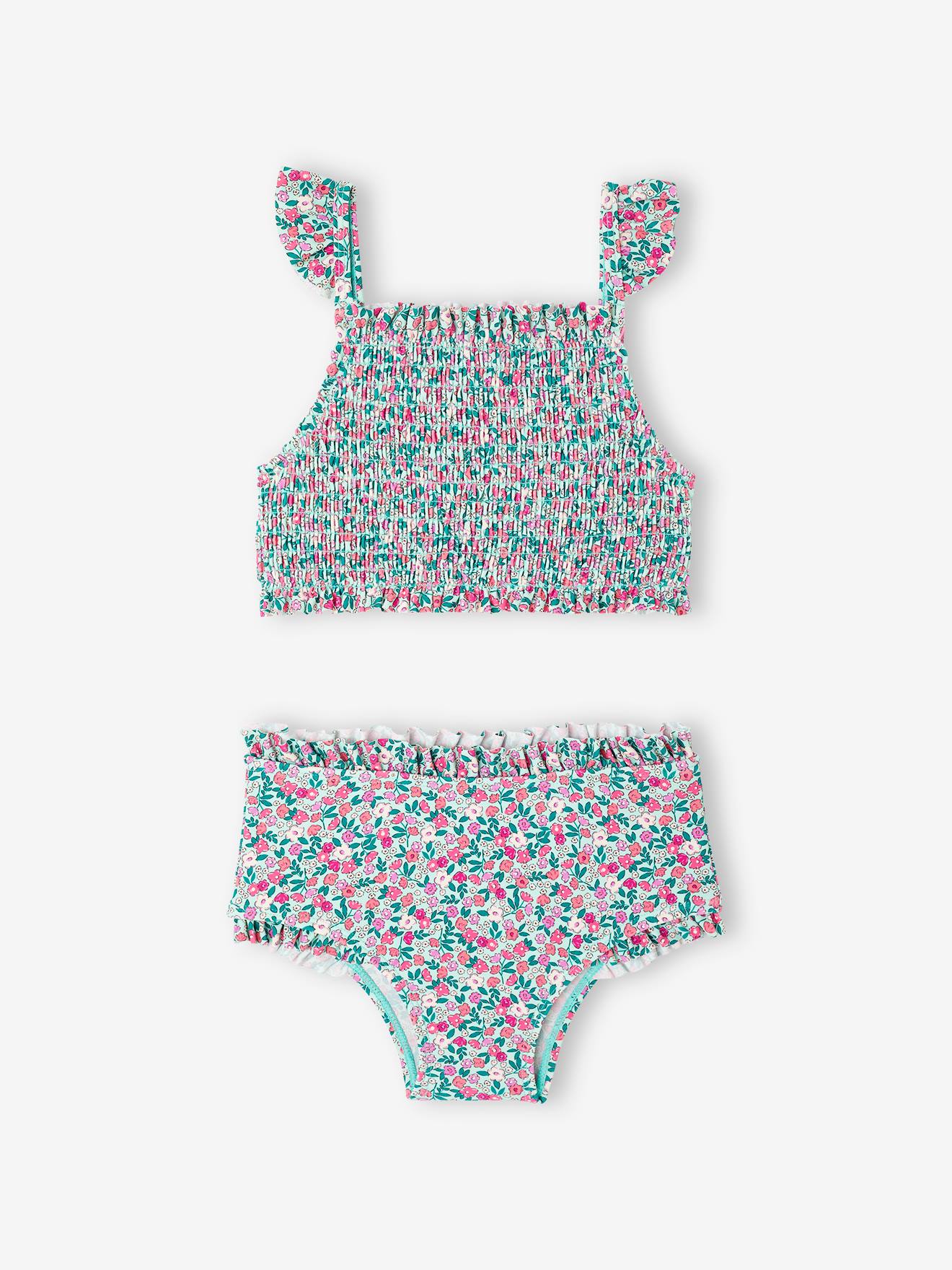 Maillot de bain 2 pièces fille avec haut smocké vert d'eau/imprimé