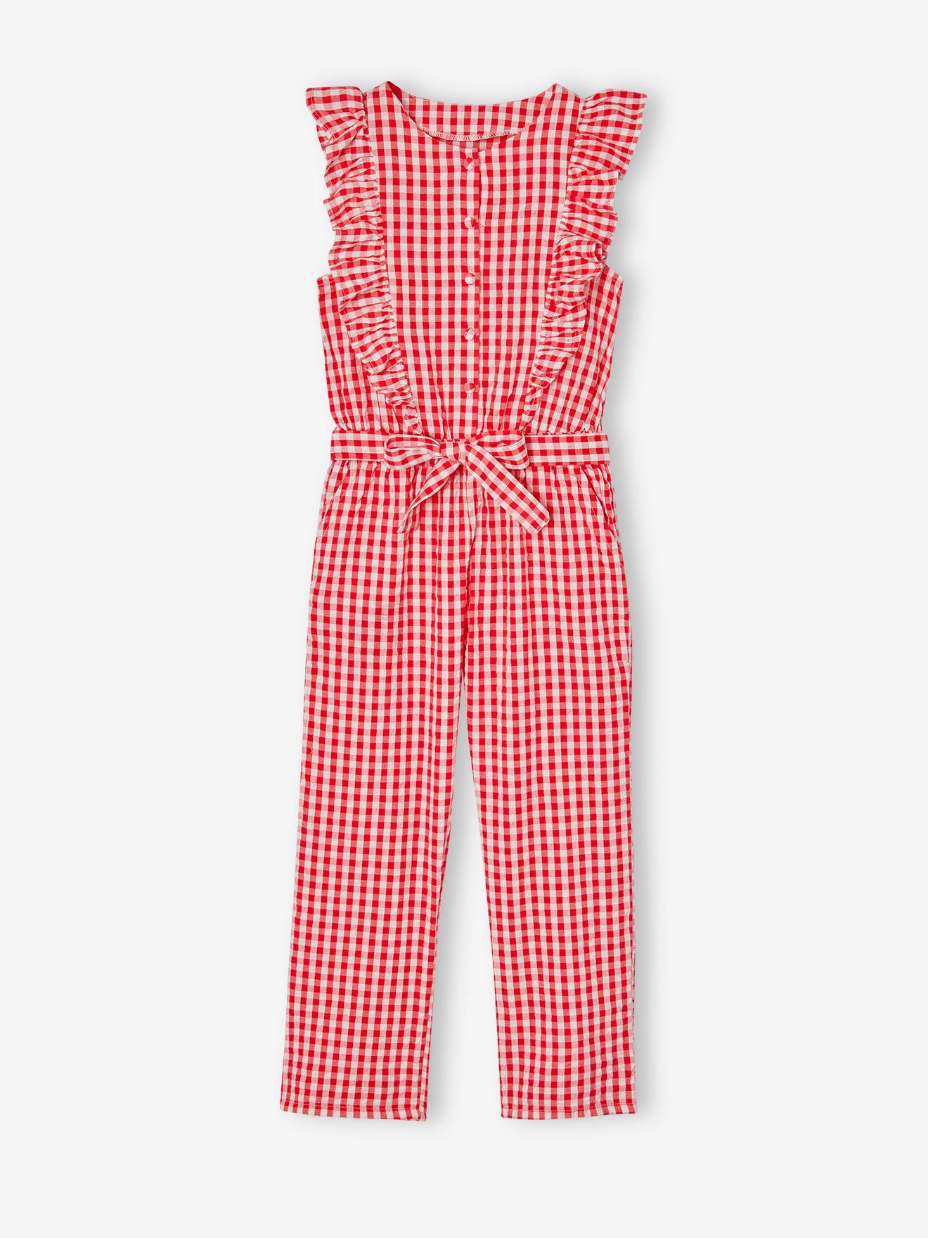 Combinaison à volants motifs carreaux fille carreaux rouge
