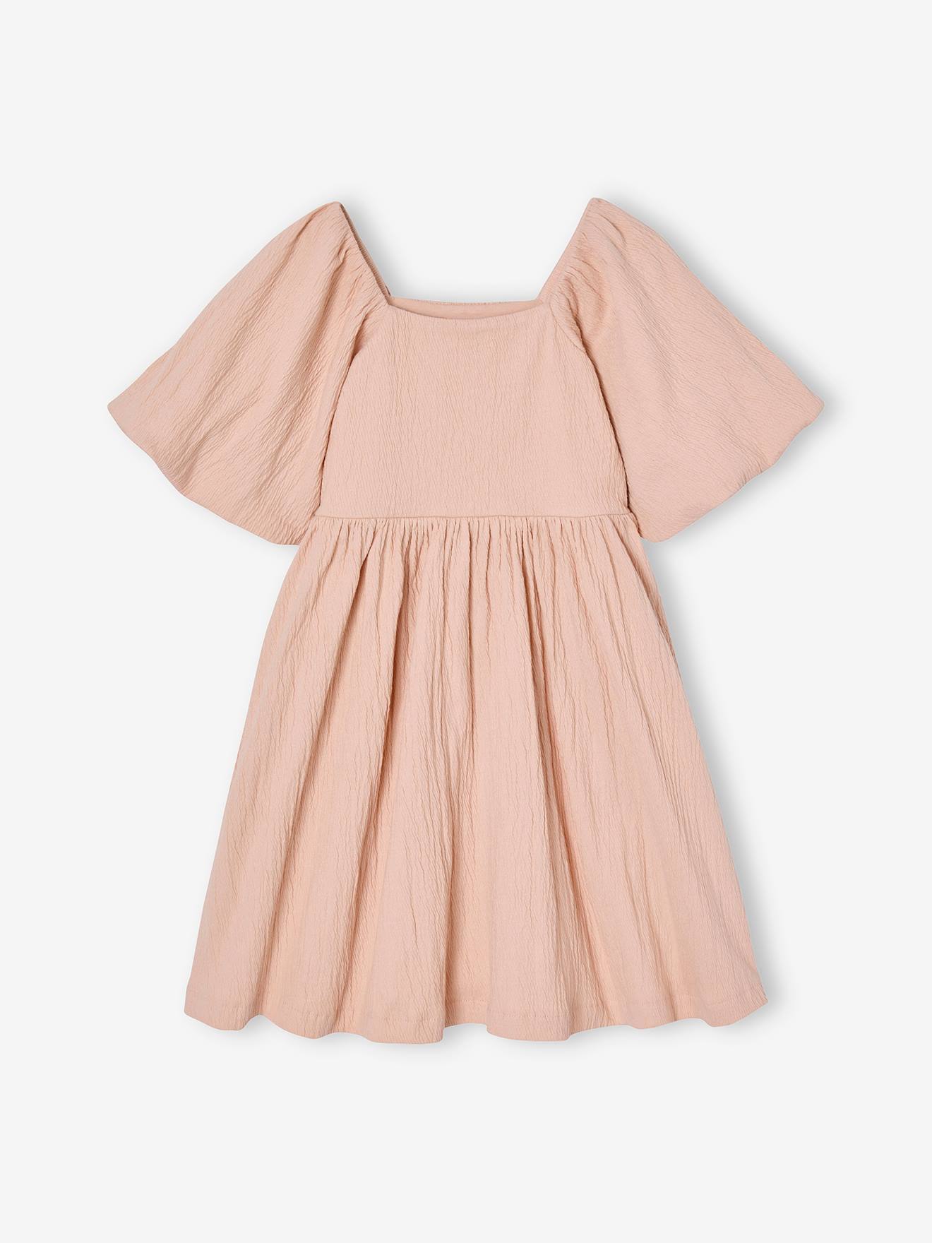 Robe cérémonie smocks dos fille en tissu reliéfé rose pâle
