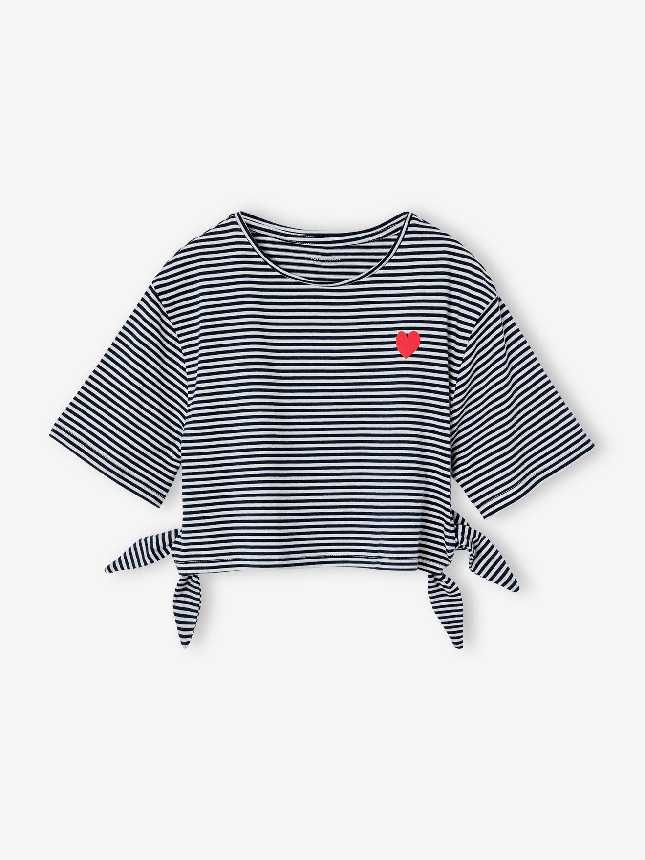 T-shirt court rayé fille avec noeuds fantaisie marine