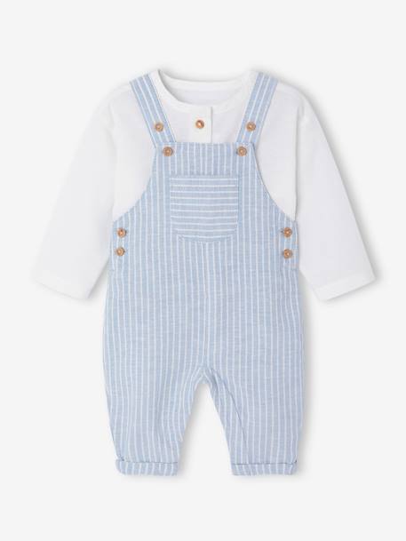 Vertbaudet - Ensemble bébé naissance cérémonie chemise salopette en lin et coton bleu