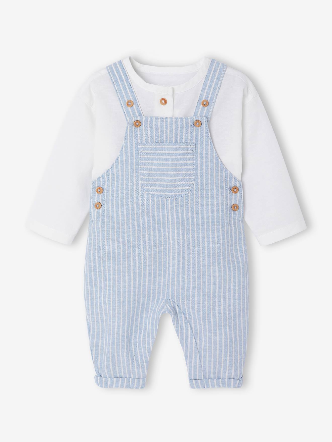 Ensemble cérémonie chemise et salopette naissance en lin et coton bleu