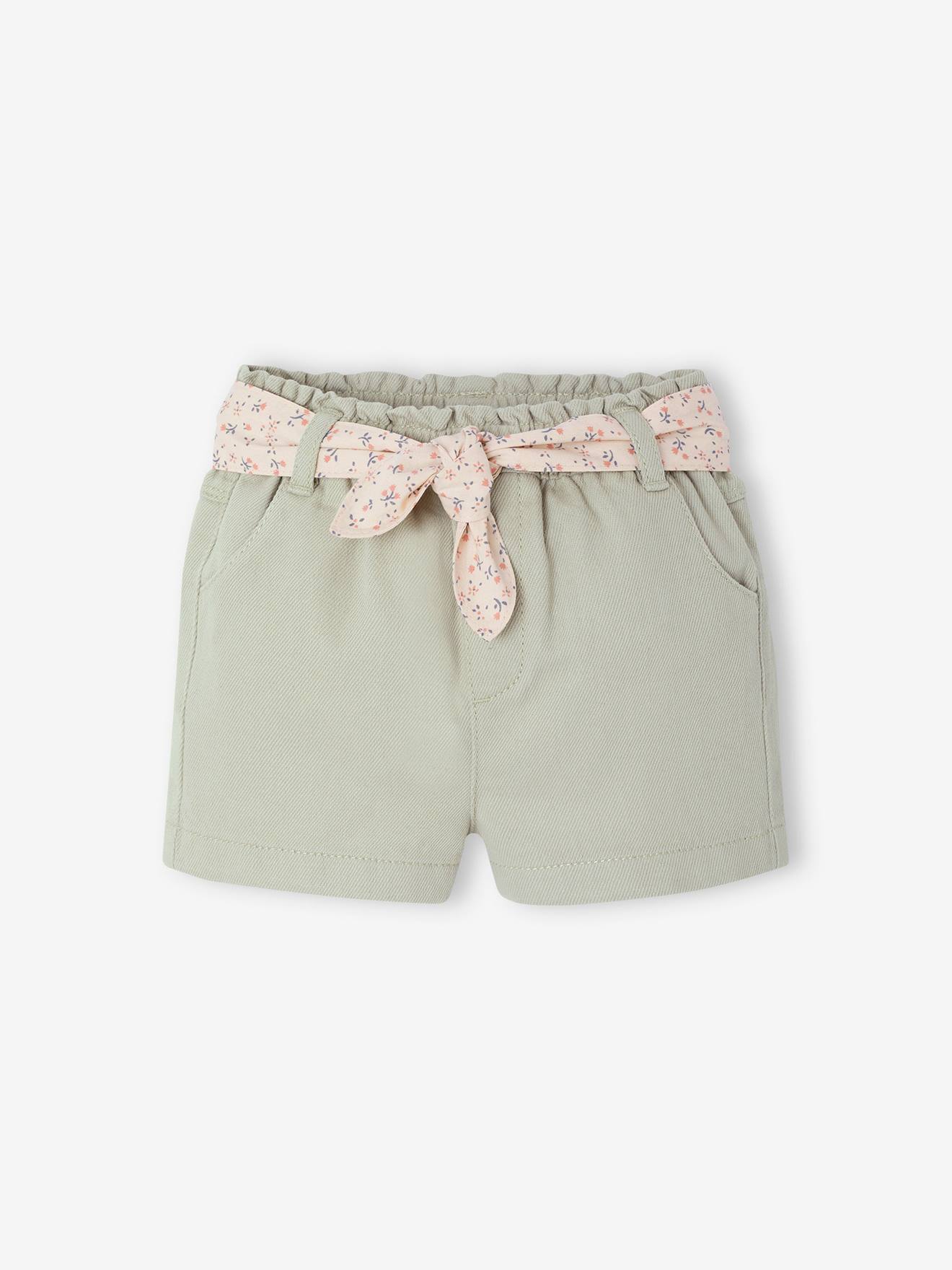 Short bébé fille paperbag avec ceinture imprimée vert de gris