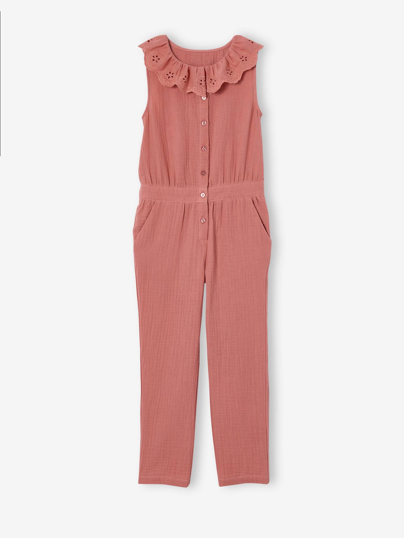 Combinaison longue cérémonie en gaze de coton fille col en broderie anglaise vieux rose